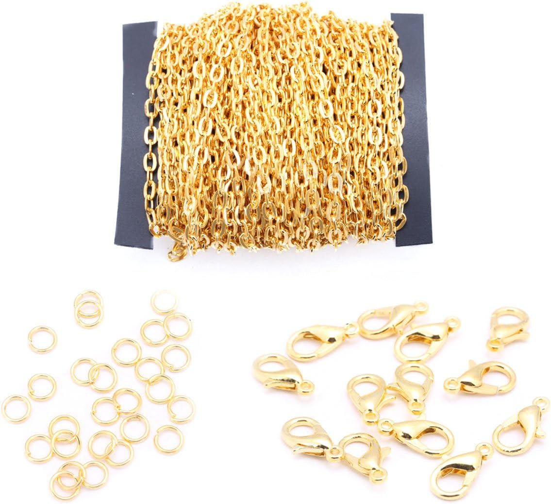 Numblartd 39Ft Flat Iron Twisted Cross Chain - 2x3mm Cable Link Chain with 100 Pcs Open Jump Rings and 30 Pcs Lobster Clasps for DIY Jewelry Chains Making Bracelet Necklace (Gold)
