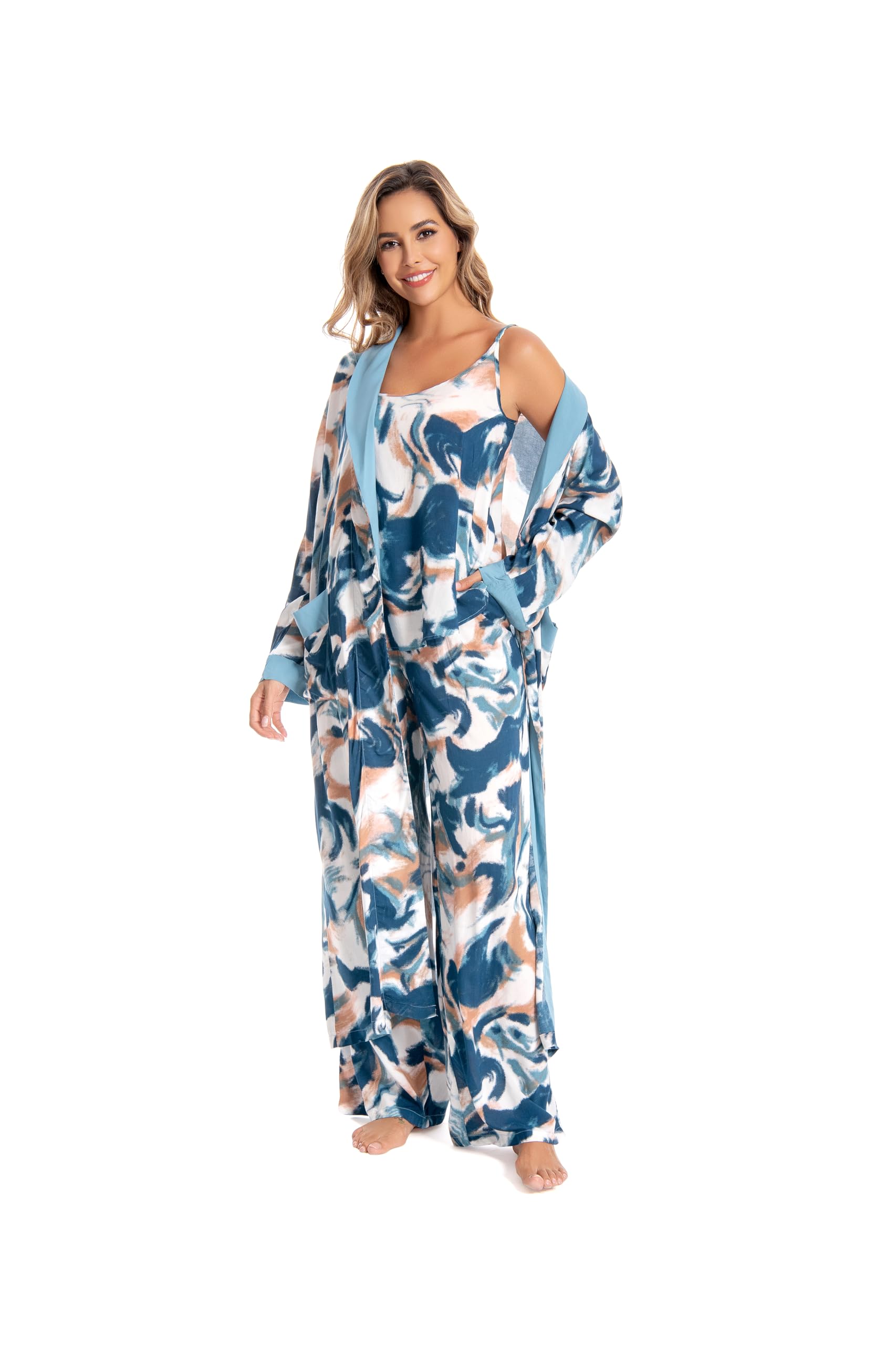 Nutria Conjunto de pijama largo de 3 piezas para mujer, pijama de verano, ropa de dormir, tirantes de cami, pantalones anchos, conjunto de albornoz para mujer, Pjs D08