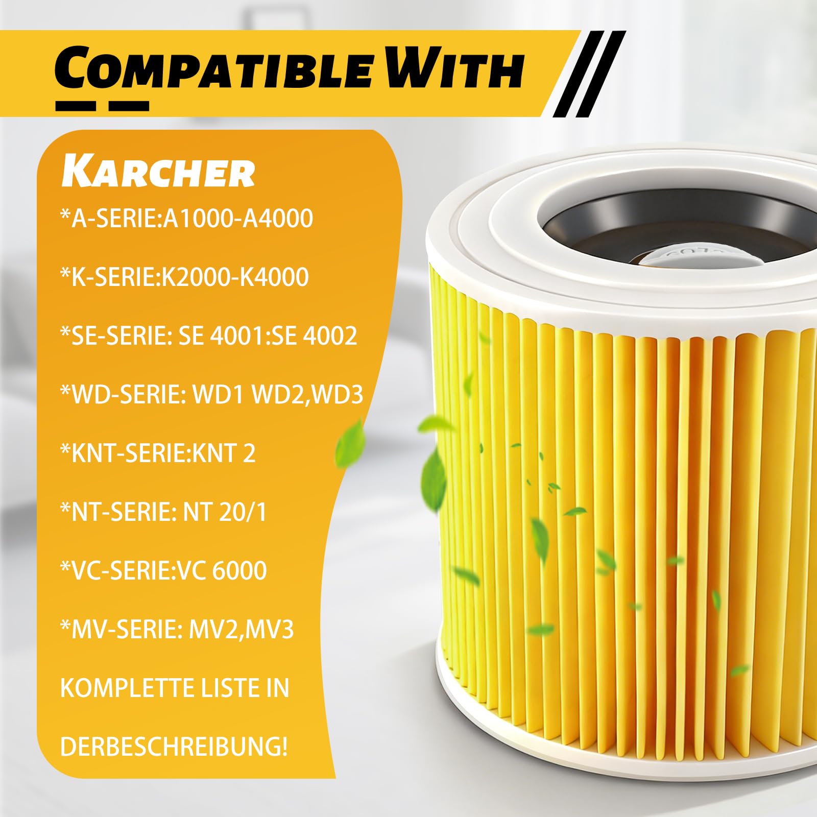 Set di 2 Filtro a Cartuccia di Ricambio Compatibile con Kärcher WD3 Premium, WD2, WD3, WD3P, MV2, MV3, Filtro di Ricambio Compatibile con Aspirapolvere Kärcher 6.414-552.0/64145520