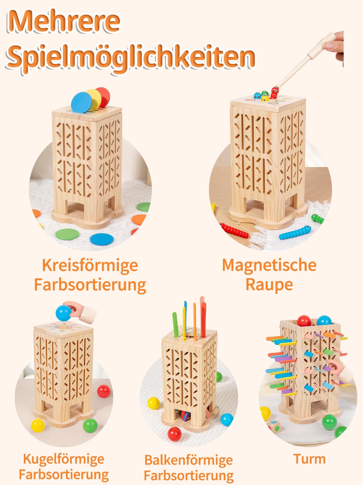 Montessori Spielzeug ab 3 Jahren, 60 Stück Holz Lernspiele, Holzturm Spiele Farblernturm Brettspiel Stäben Würfelspiel, für Familienspiel Reisespiel Kinderspiel Kinder Geschenk - 3