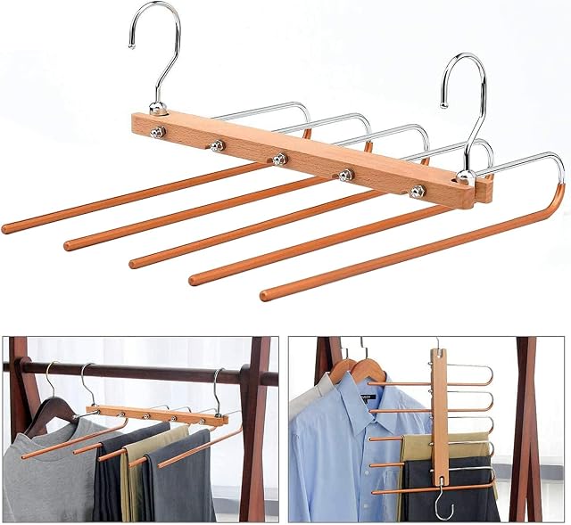 Trouser Hangers Space Saving, 5 in 1 Collapsible Trouser Hanger, Foldable Wood & Stainless Steel Hanger for Clothes Slack Scarf Jeans Storage