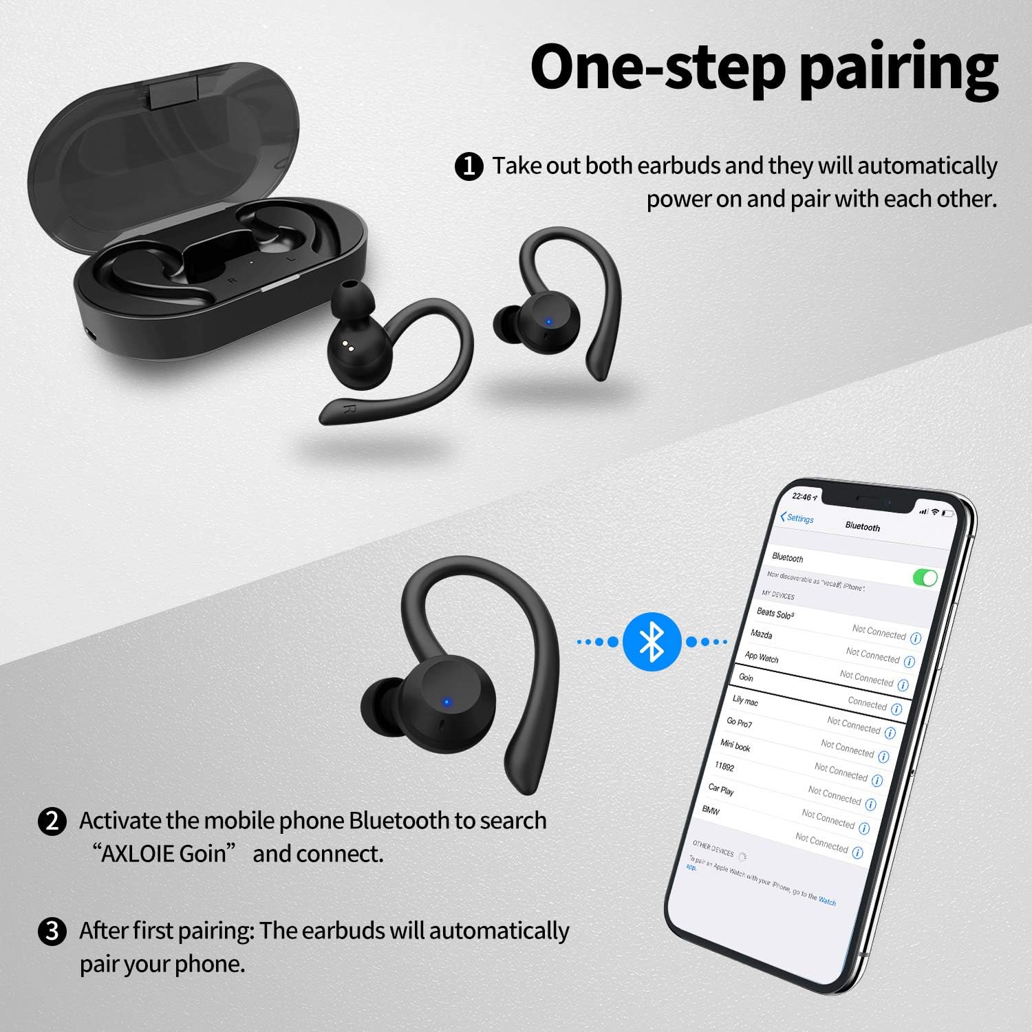 Diagram showing Axloie G1 earbuds in their charging case and a smartphone screen with Bluetooth settings, illustrating the one-step pairing process.
