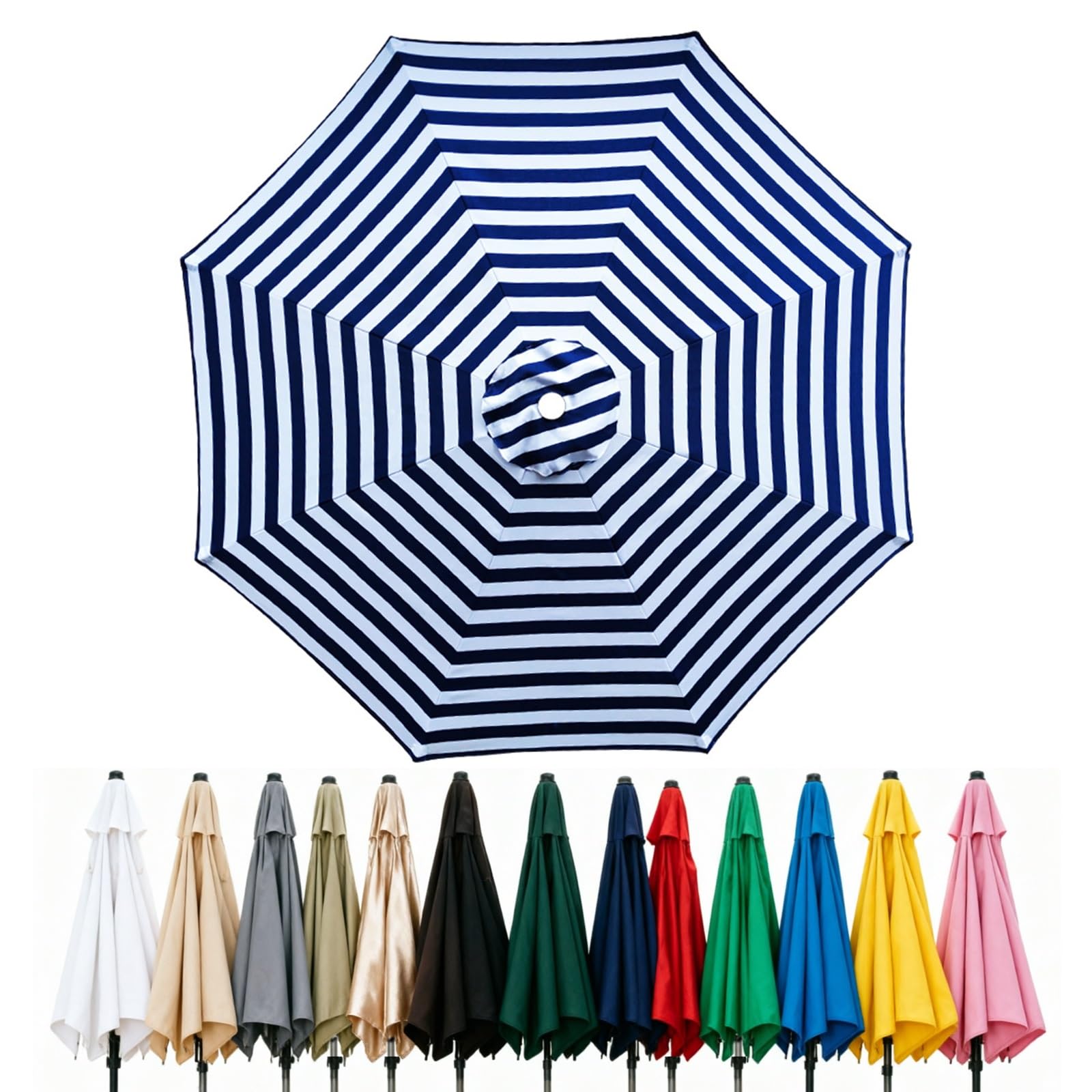 Fade Resistant Parasol Replacement Canopy for 6/8 Ribs, 2m 2.7m 3.0m 4m Garden Umbrella Cover, Waterproof UV30+ Patio Market Parasol Top (Fits Rib Length 112cm/148cm)(Blue-white,(8Rib)200cm)