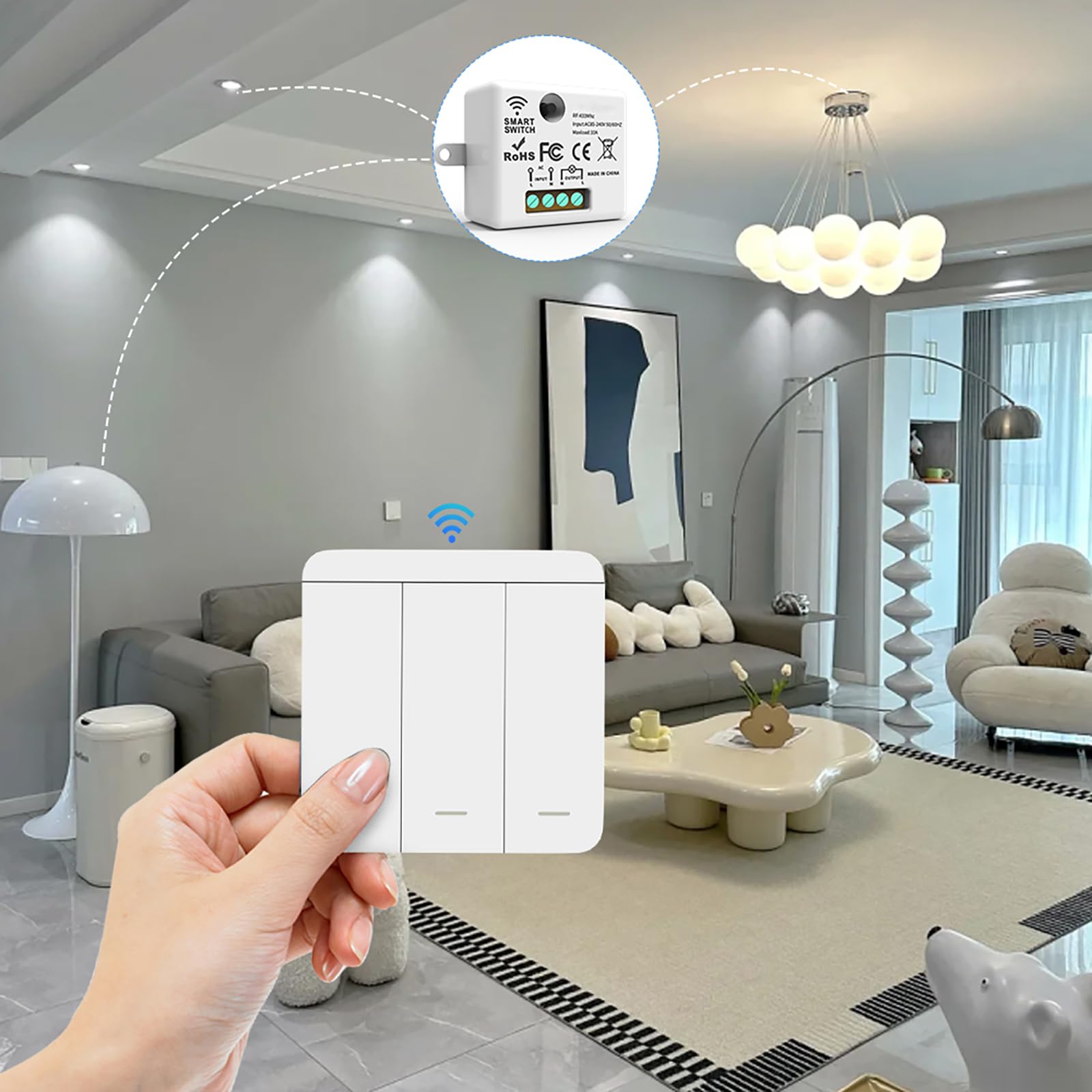 Kit Interruttore Luce Smart WiFi – Ricevitore + Interruttore Wireless, Controllo Remoto Intelligente da telefono compatibile con App Tuya e Google Home/Alexa (3 Ricevitori e 1 Interruttore (3 tasti))