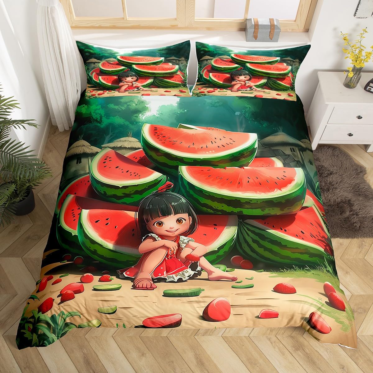 Feelyou Kids Green Watermelon Bedding Set Twin Size, Caroon Fruit Kids Boys Girls Duvet Cover Cute Girl Comforter Cover Nature Theme Bedspread Cover Room Decor Soft Quilt Cover 2Pcs(No Comforter)