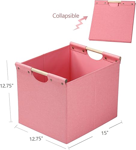 Miniatura 6 de HOONEX Contenedores de almacenamiento plegables grandes, tela de lino, paquete de 2, cestas de almacenamiento con asas de transporte de madera y