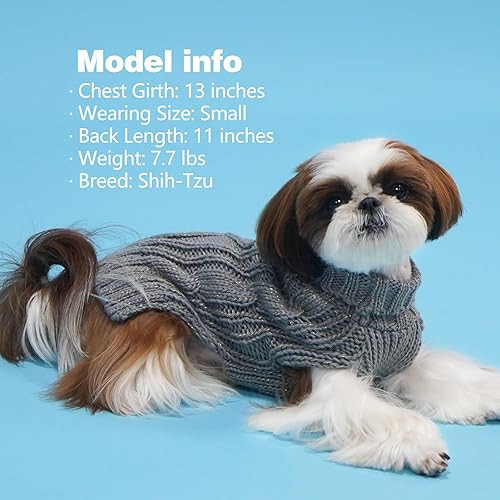 Miniatura 7 de KYEESE Suéteres para perros pequeños, cuello alto, suéter de punto trenzado para mascotas con hilo dorado para clima frío, gris, talla M
