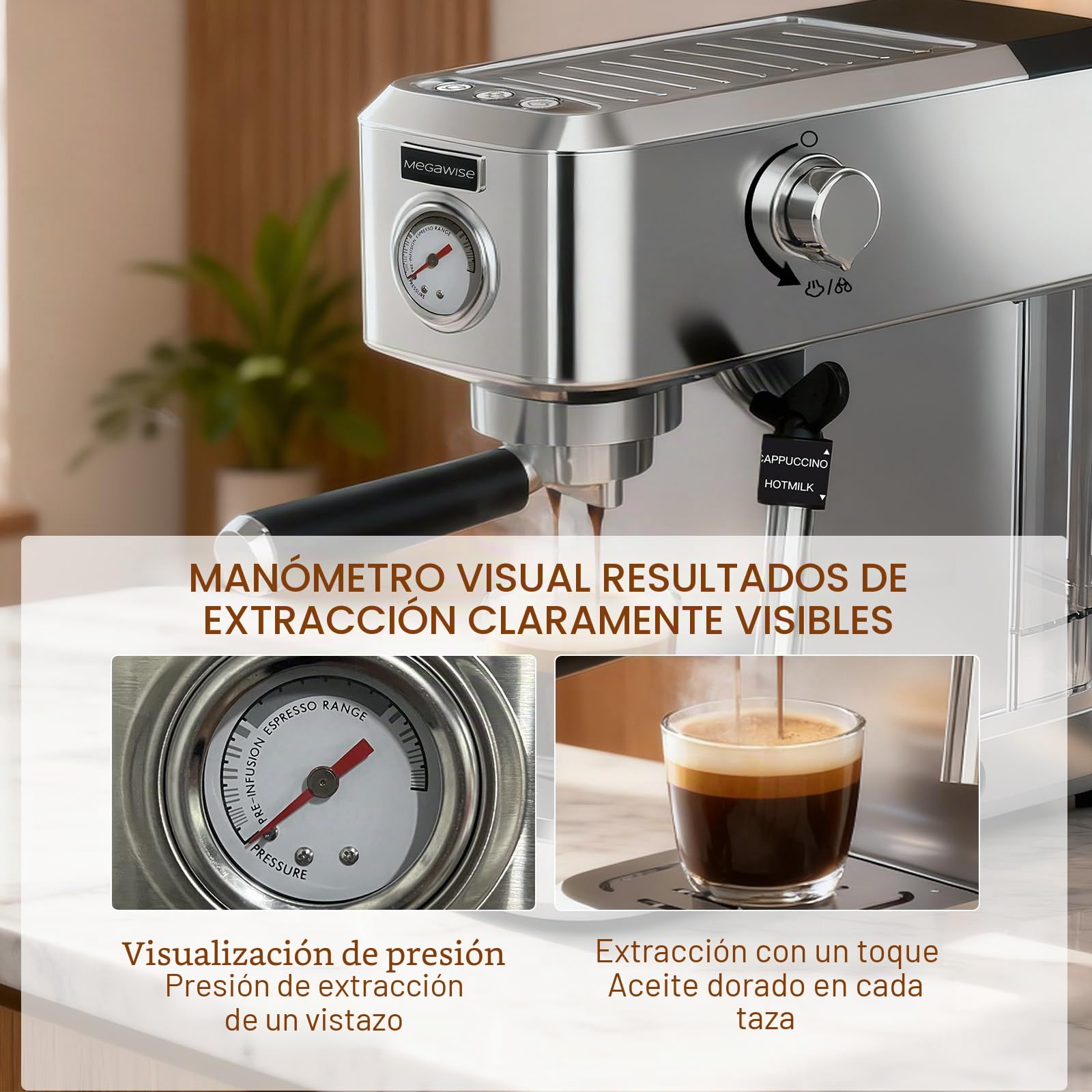 MEGAWISE Cafetera espresso de 20 bares, compacta de acero inoxidable con espumador de leche de vapor y depósito de agua extraíble para capuchino, latte, color plateado