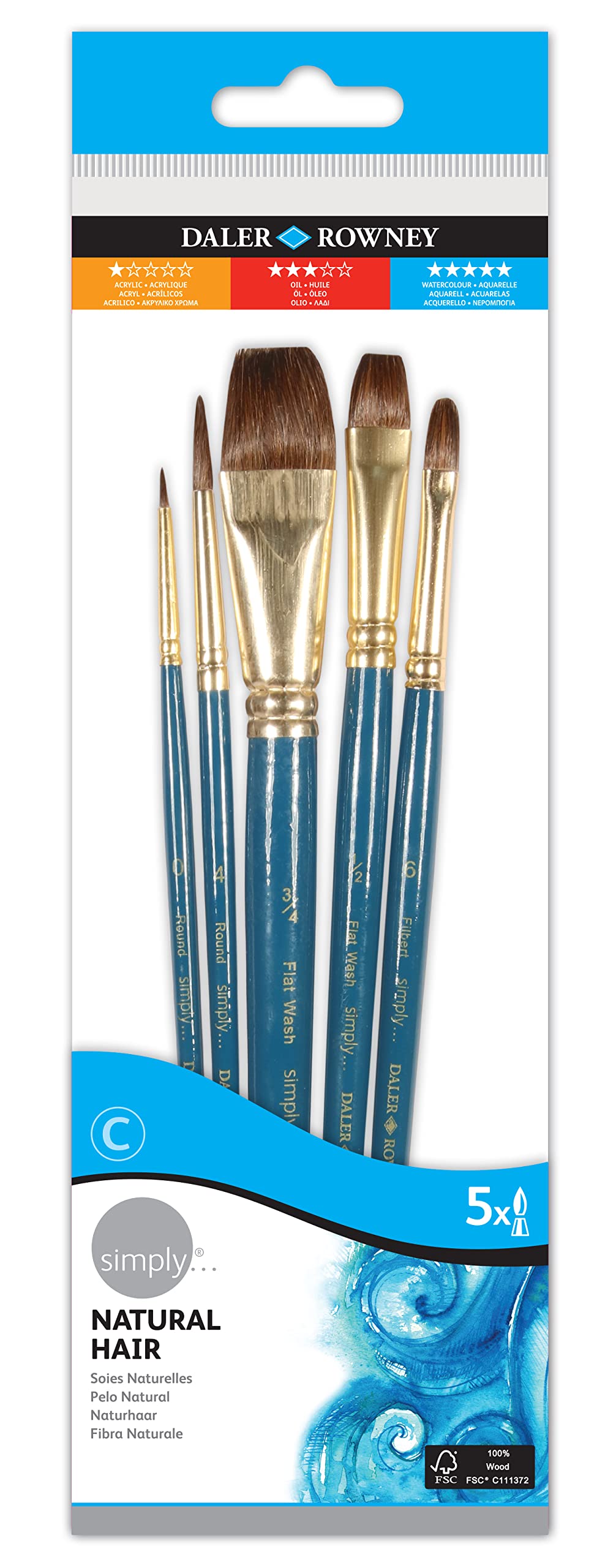 Daler-Rowney Simply Watercolour Brush Set, 5 x Assorted Natural Hair Brushes, Short Handle, For Entry-Level Artists & Hobbyists — image 1
