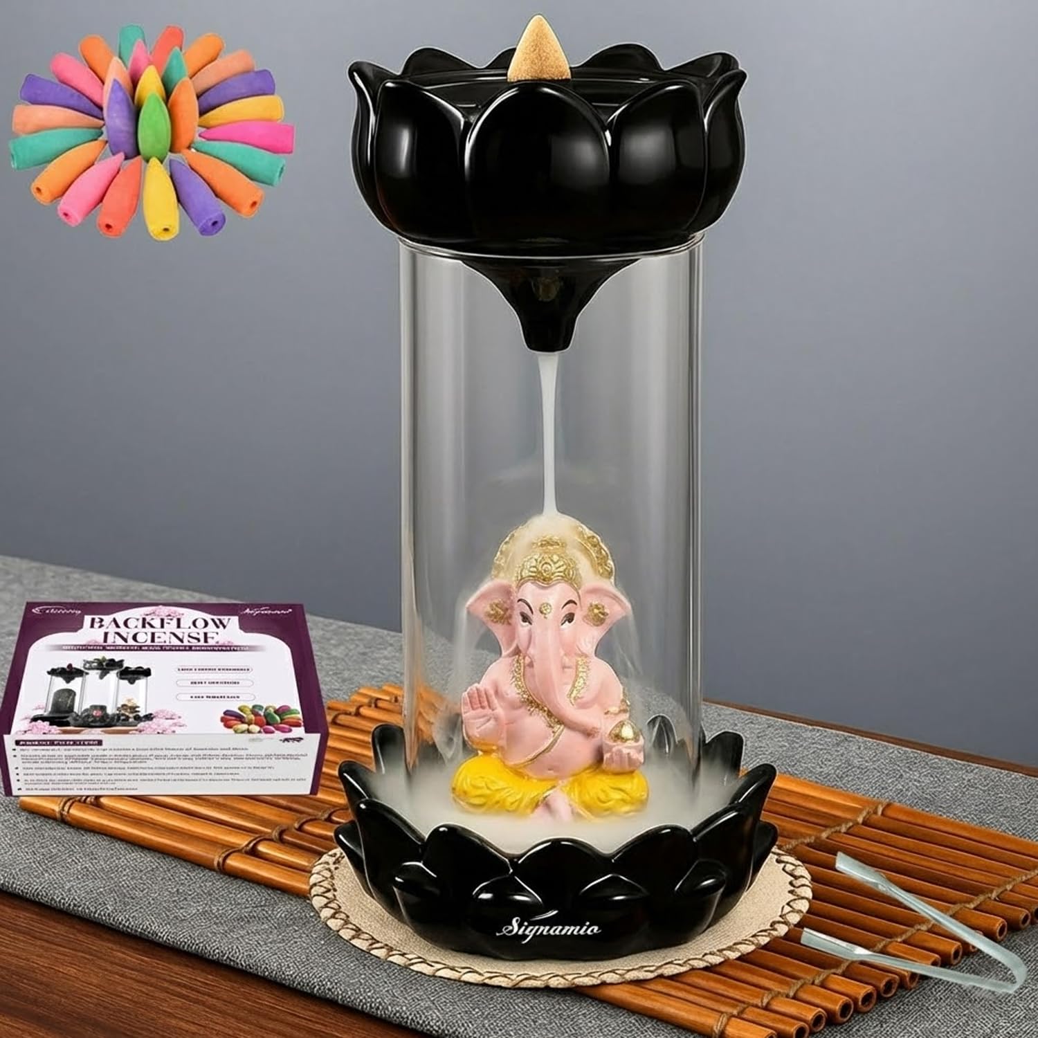 SIGNAMIO Ganesha Backflow Dhoop Smoke Fountain Aromatic Essence Of Ceramic Incense Burner Holder With 30 Cones For Meditation And Home Decor, Yellow