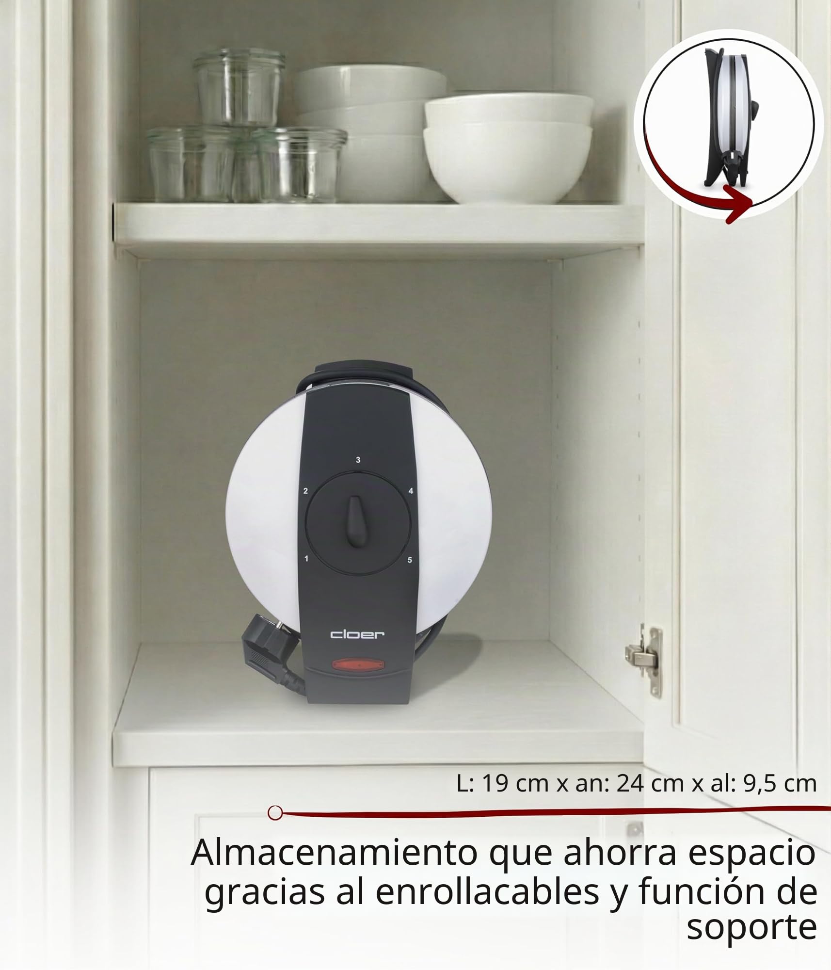 Cloer 261 Gofrera para gofres helados, 800 vatios, Área de horneado 14,5 cm, con revestimiento antiadherente, Grado de dorado variable con la barra perilla, blanco, metal