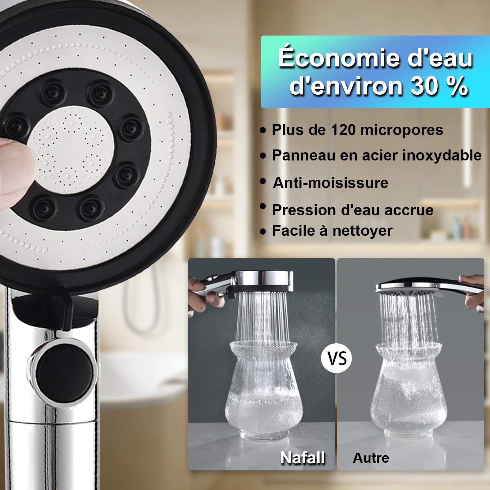 Pommeau Douche avec 4 Pp Filtres - Pommeau De Douche Haute Pression Anti Calcaire, Douchette Douche Salle de Bain avec 5 Modes de PulvéRisation, Chromé (Sans Tuyau ni Support)