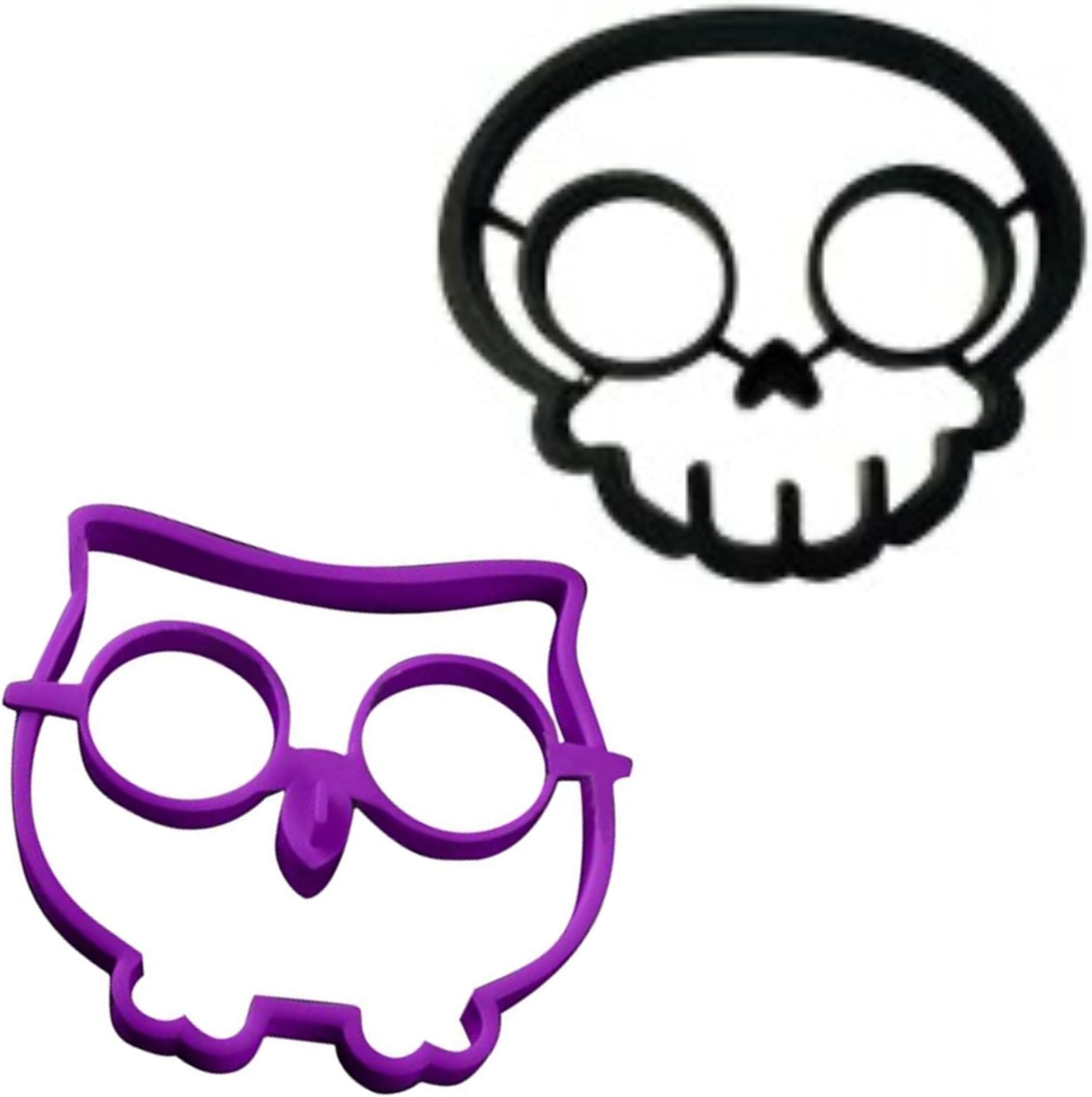 2-Pack Silicone Egg Mold Ring,Purple Owl Shaped Egg Ring & Black Skull Shaped Egg Ring for kid's child's Breakfast