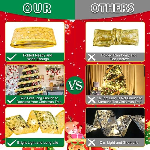 Miniatura 7 de Tira de luces de cinta de Navidad cadena de luces doradas de 328 pies 2 x 164 pies 100 luces LED alimentadas por pilas lazos de cinta para árbol de