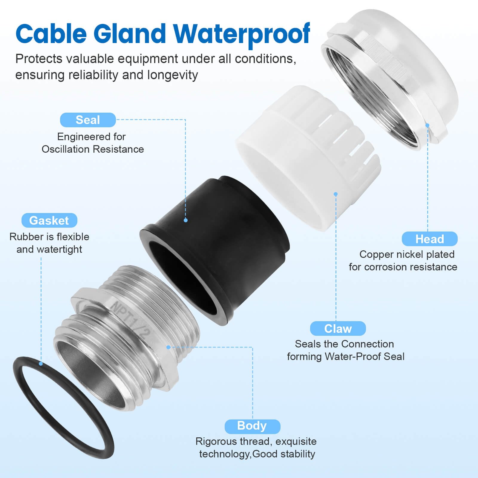 4 pressacavi impermeabili in rame nichelato da 1/2", impermeabili IP68, pressacavi regolabili, connettori con guarnizioni e dado di bloccaggio per cavi di diametro 6-12 mm