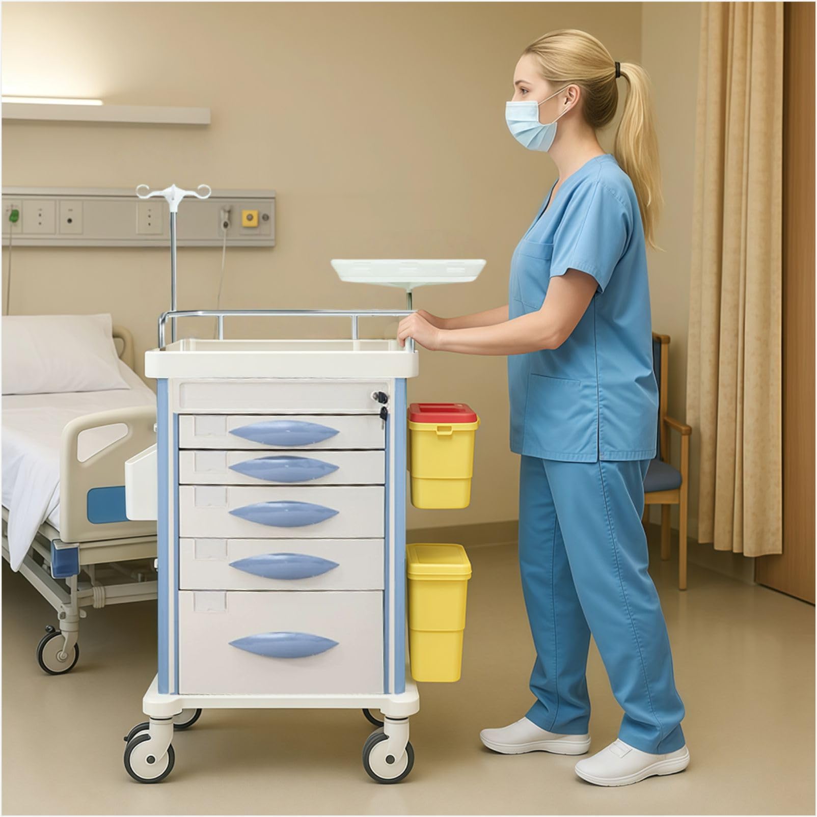 Carrello di emergenza con accessori IV Pole, scheda cardiaca, supporto O2, carrello mobile, bidone della spazzatura, cassetto per clinica, centro infermieristico, 76,2 cm L x 48,3 cm L x 96,5 cm H