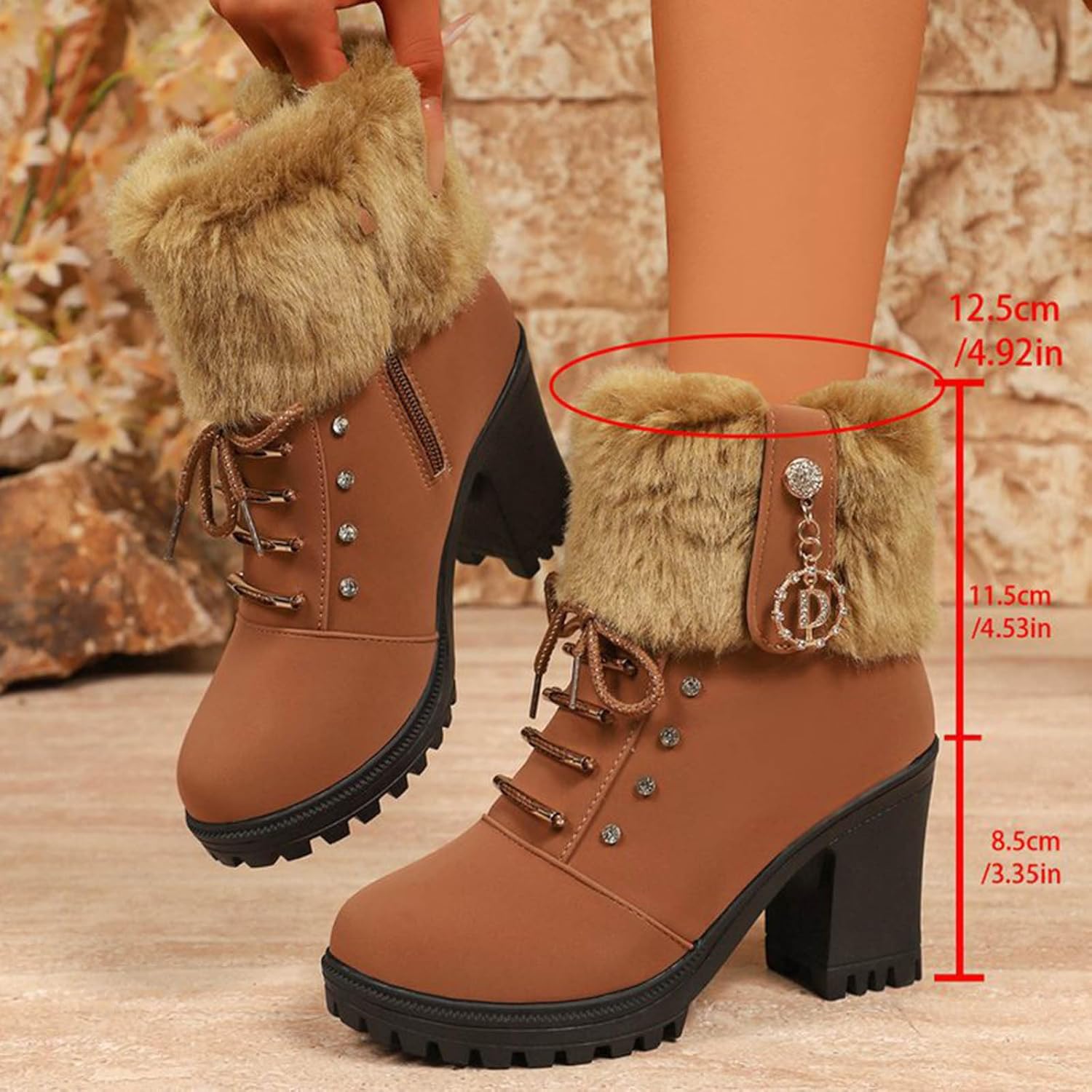 Women's Fur Lined Lace Up Ankle Boots Winter Warm Riding Boots Chunky Heel Lug Sole Suede Boot