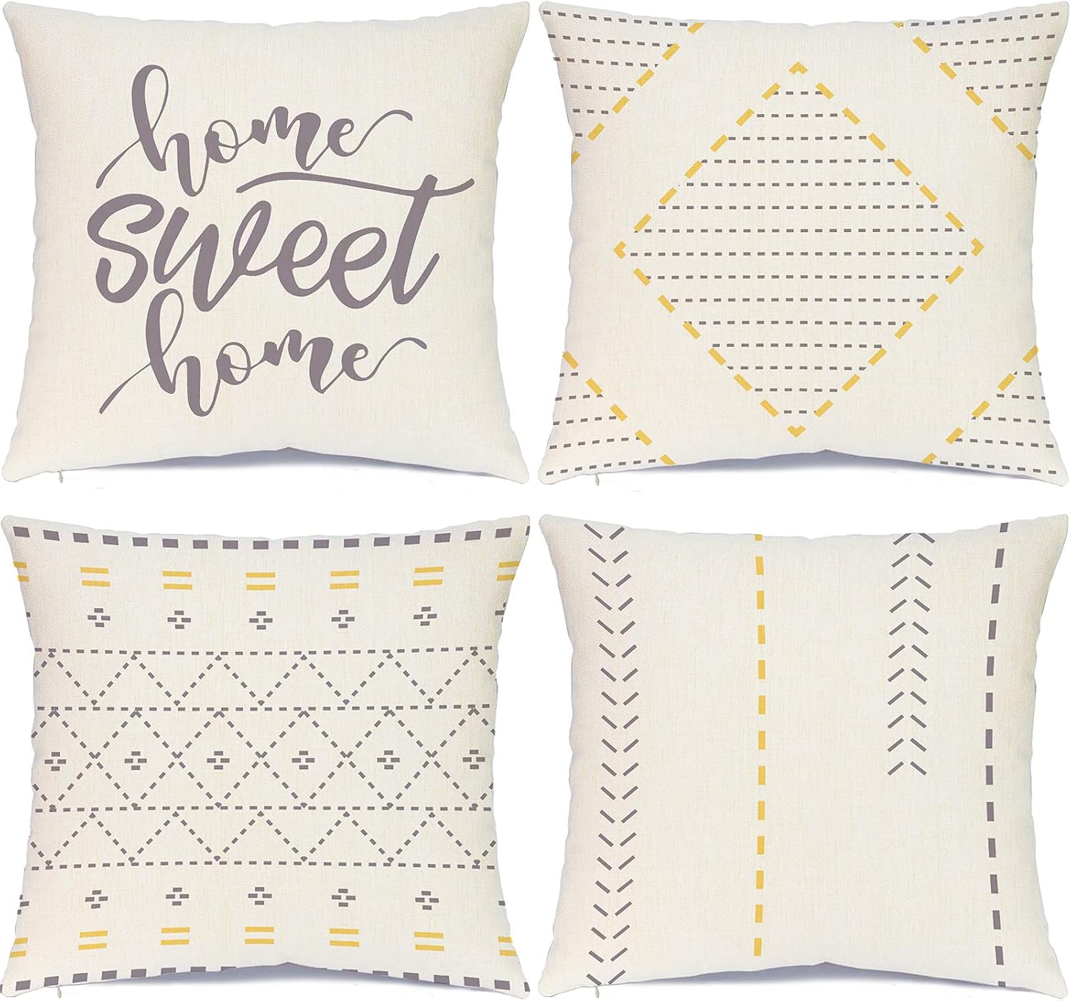 Hlonon Decorative Throw Pillow Covers for Couch Set of 4 Modern Style Stripes Geometric Square Cushion Covers for Bed Sofa Living Room Home Decoration (Gray + Yellow, 20x20 Inch)
