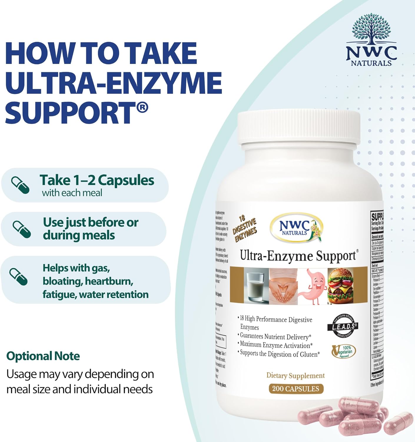 NWC Naturals Ultra-Enzyme Support, Natural Digestive Supplement, Promotes Optimal Health and Digestion, 200 count Capsules - Image 5