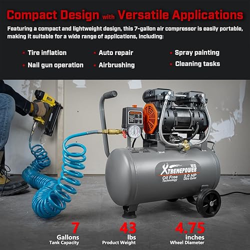 Miniatura 5 de XtremepowerUS 2HP Tanque de compresor de aire ultra silencioso de acero sin aceite 60 dB Tanque de 7 galones, 4.9 CFM a 116 PSI, ideal para tiendas,
