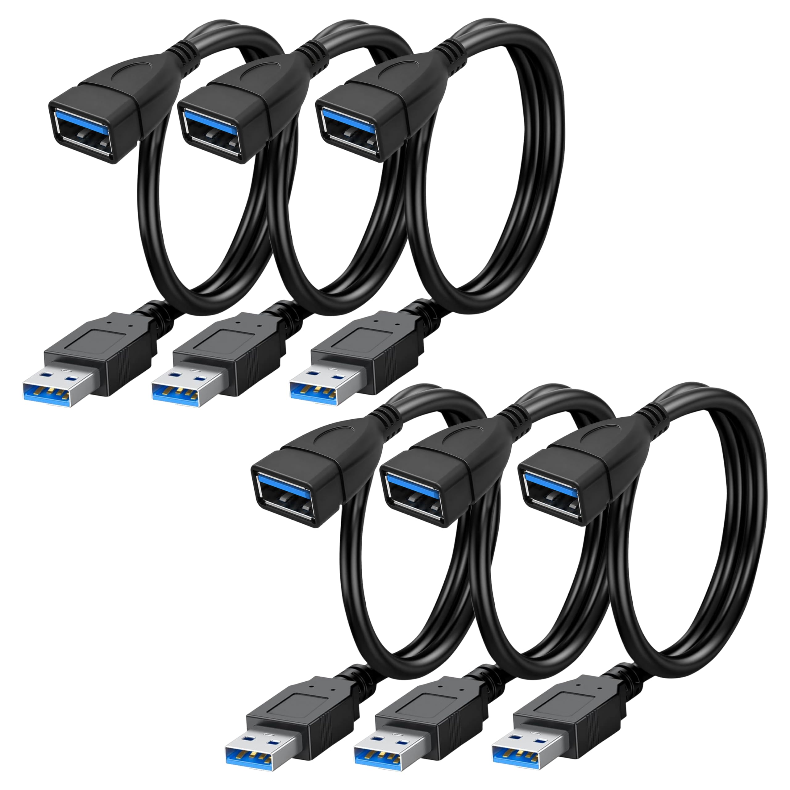 SaiTech IT 6 sztuk przedłużaczy USB 3.0 o krótkiej długości, USB 3.0 A męski na żeński, kabel przedłużający USB luzem czarny