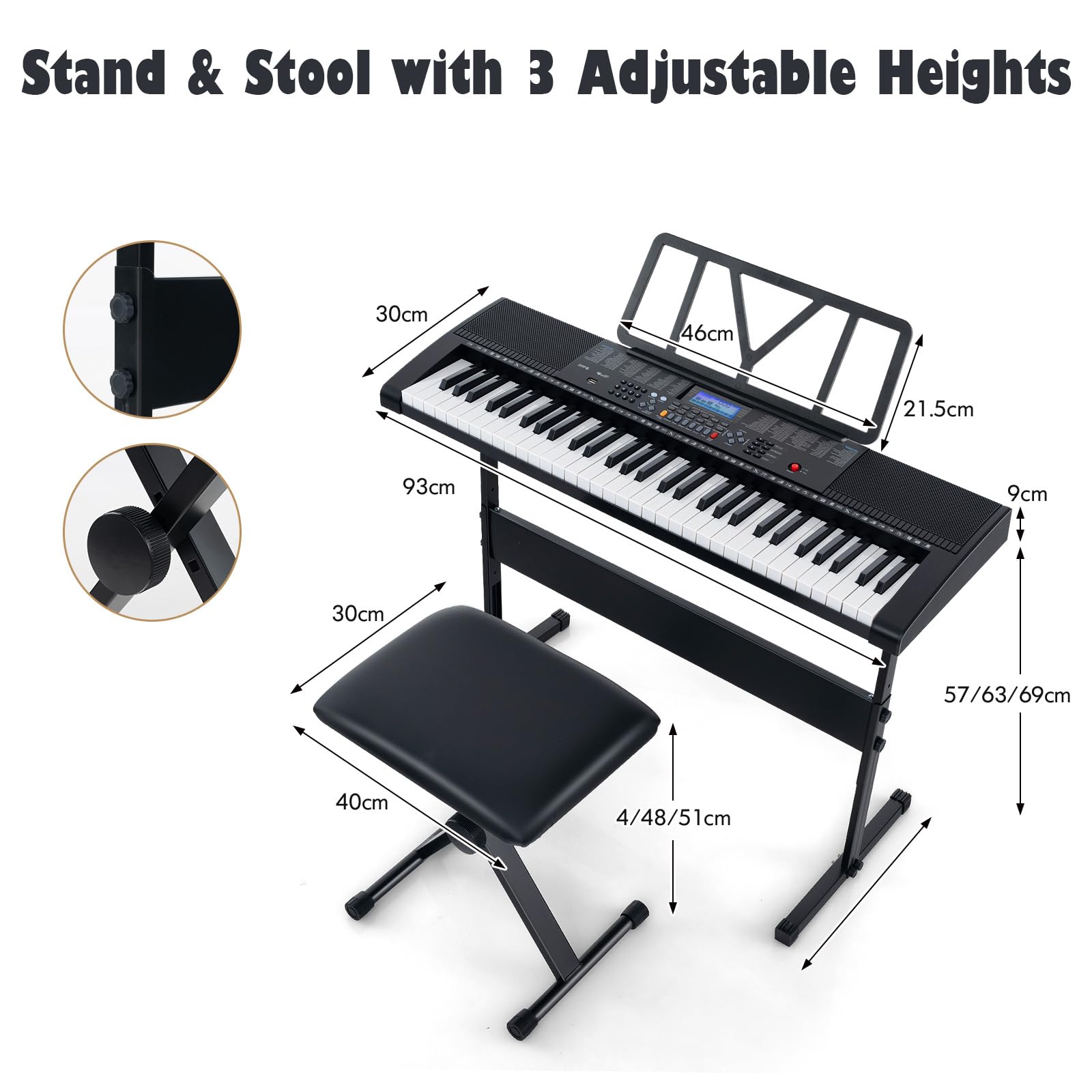 KOMFOTTEU Piano Digital de 61 Teclas, Teclado Electrónico con Soporte y Taburete, Piano Electrónico con Micrófono y Auriculares, 600 Tonos y 400 Ritmos, 50 Canciones Demo
