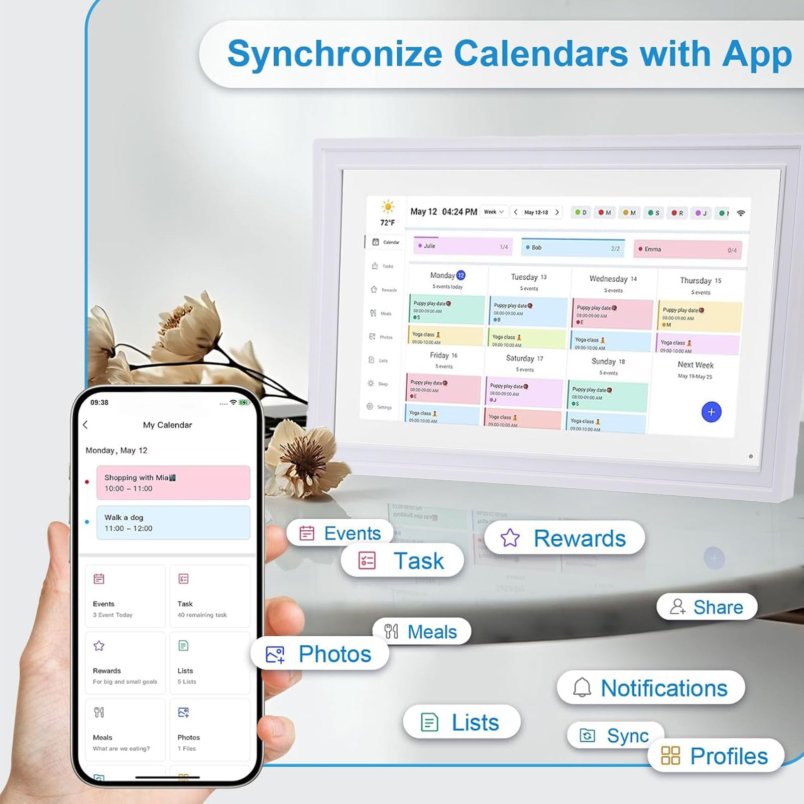 Dpofirs Calendario Digital Inteligente, Pantalla Tactil con Sincronizacion WiFi y Aplicacion Remota 21.5 Pulgadas for Hogar y Oficina (Enchufe de la UE)