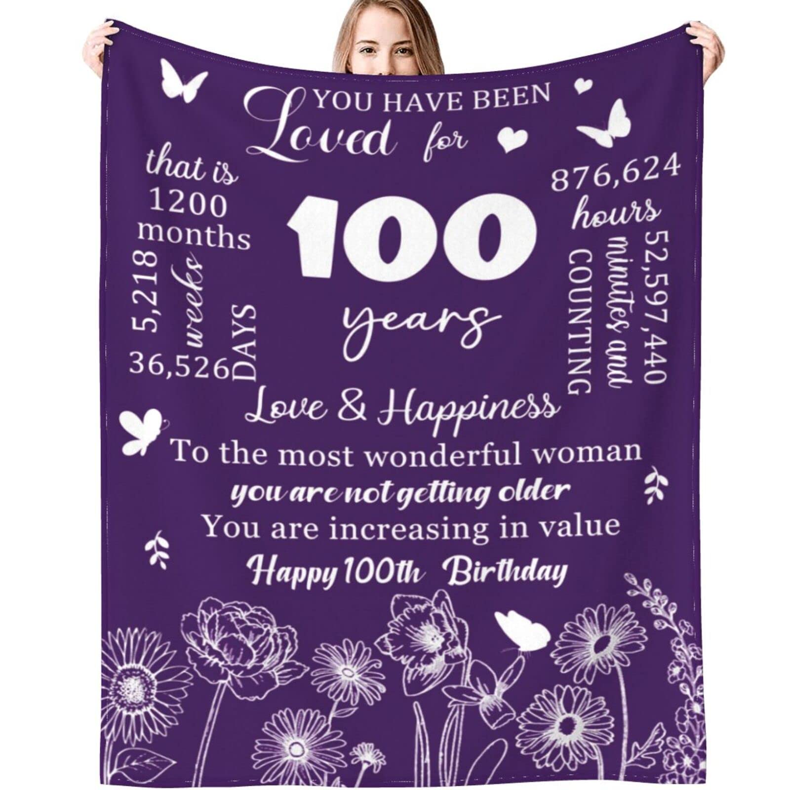 XeaGiasy 100th Birthday Gifts for Women Blanket Happy 100 Year Old Birthday Gifts Ideas for Best Grandma Wife Mom Sister Friend Throw Blankets 60"X50"