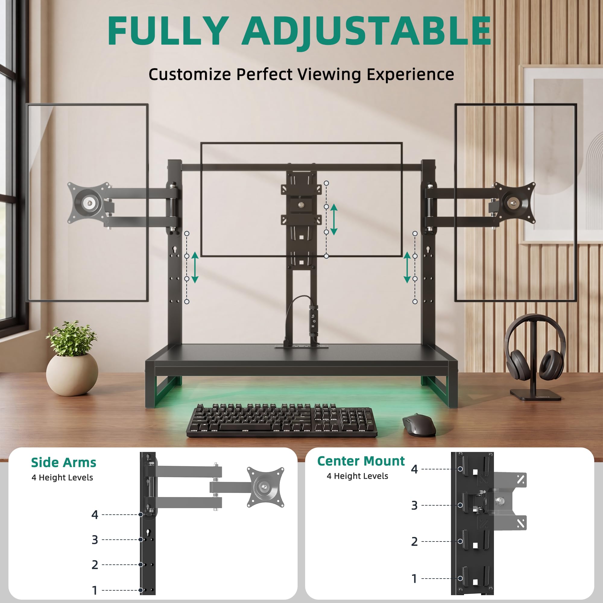 YAOHUOO Brazo de monitor con LED, soporte ajustable para monitor de escritorio para 3 pantallas, elevador de soporte completo resistente con abrazadera, estante de almacenamiento para oficina, sala de