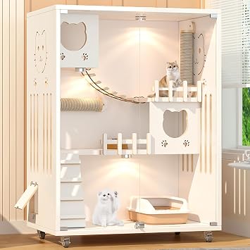 Large Luxury Wood Cat House, Indoor/Outdoor Cat Cage Large Space with Wheels, Multi-Feature Enclosed Cat Condo for Indoor Cats Ventilation Glass Doors, 50" X 36" X 24", White