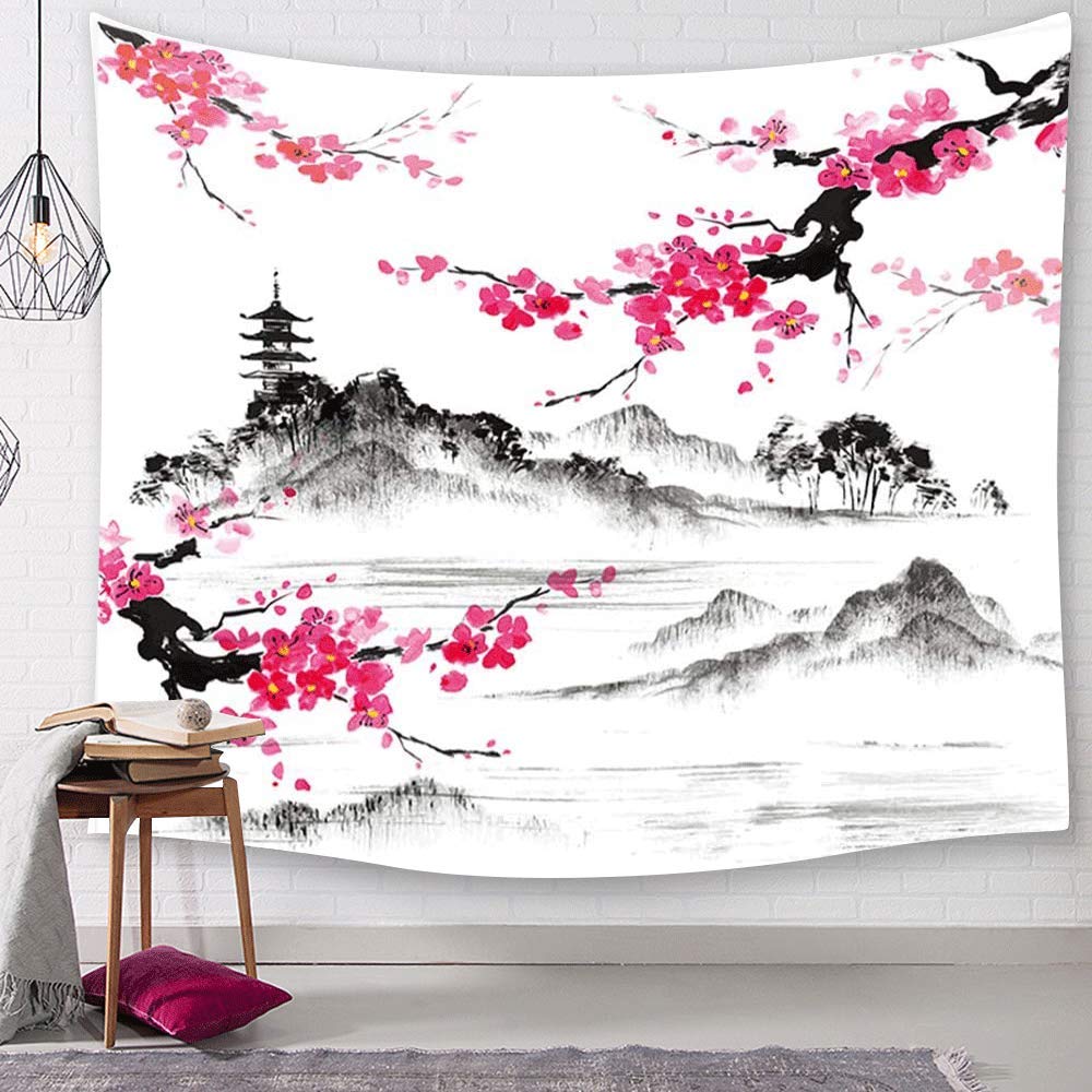 Japanese Decor Tapestry, Asian Anime Tapestry, Mount Fuji Cherry Blossoms Sakura Flower Tapestry Wall Hanging for Bedroom, Black and White Tapestry for Living Room Dorm Decor, 60X40in Small Tapestry