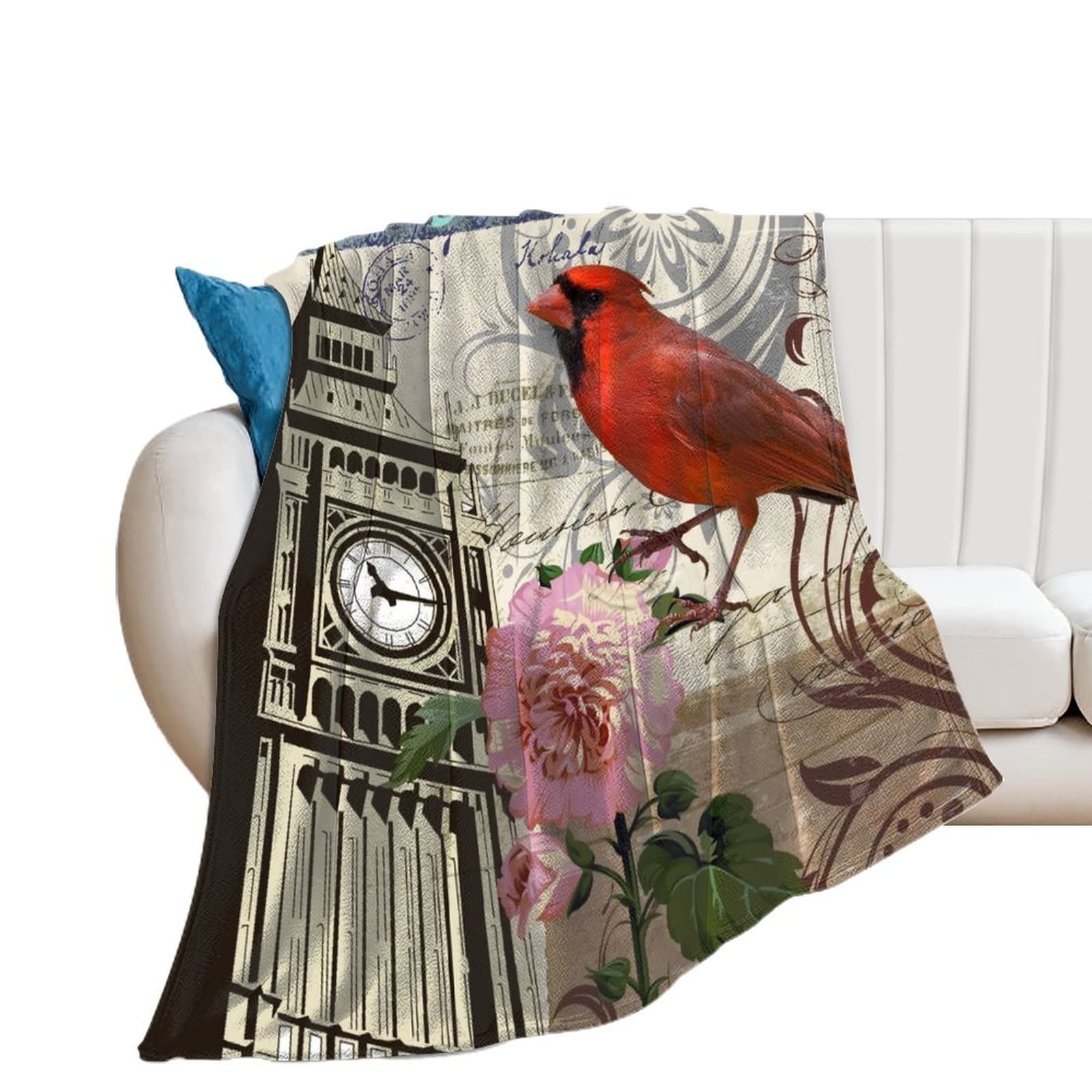 Couverture polaire horloge et oiseau en flanelle douce pour lit et canapé 130x150cm