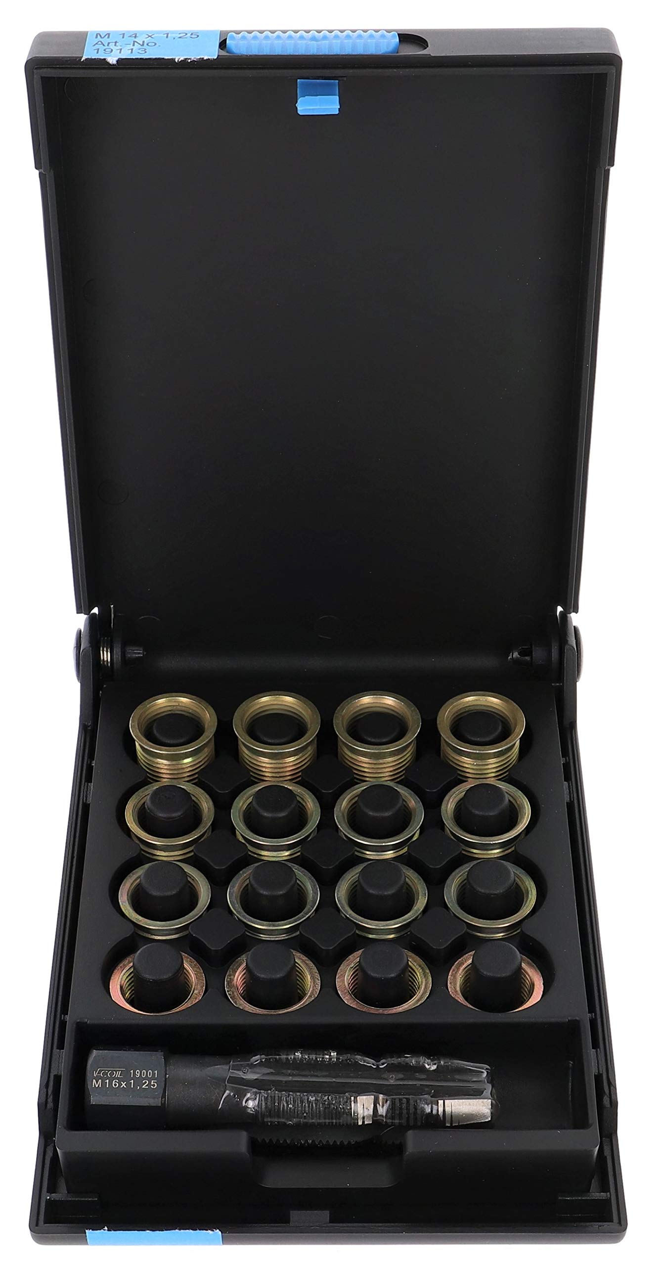 V-COIL Gewinde-Reparatur-Satz für Zündkerzengewinde M14x1,25, HexTap SP, 16 Gewindeeinsätze 9,5/11,2/12,7/17,5 mm