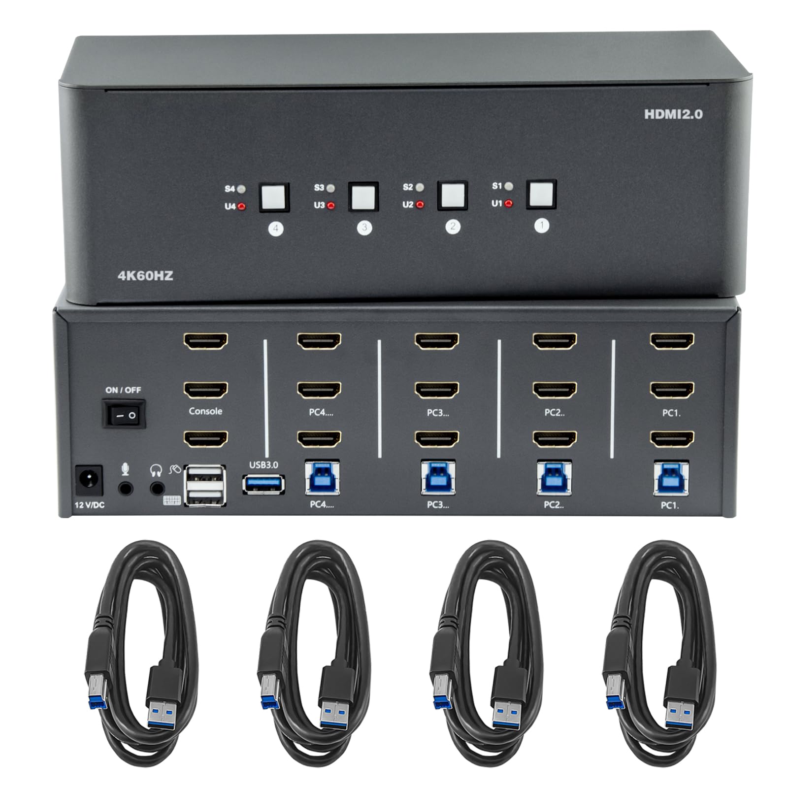 Przełącznik KVM 3 monitory, 4 komputery, przełącznik KVM HDMI 4K 60 Hz z 4 portami USB 3.0 i dźwiękiem 3,5 mm, 4 komputery dzielą jeden zestaw Leyboard, mysz i monitory, obsługuje Windows/Mac/Linux