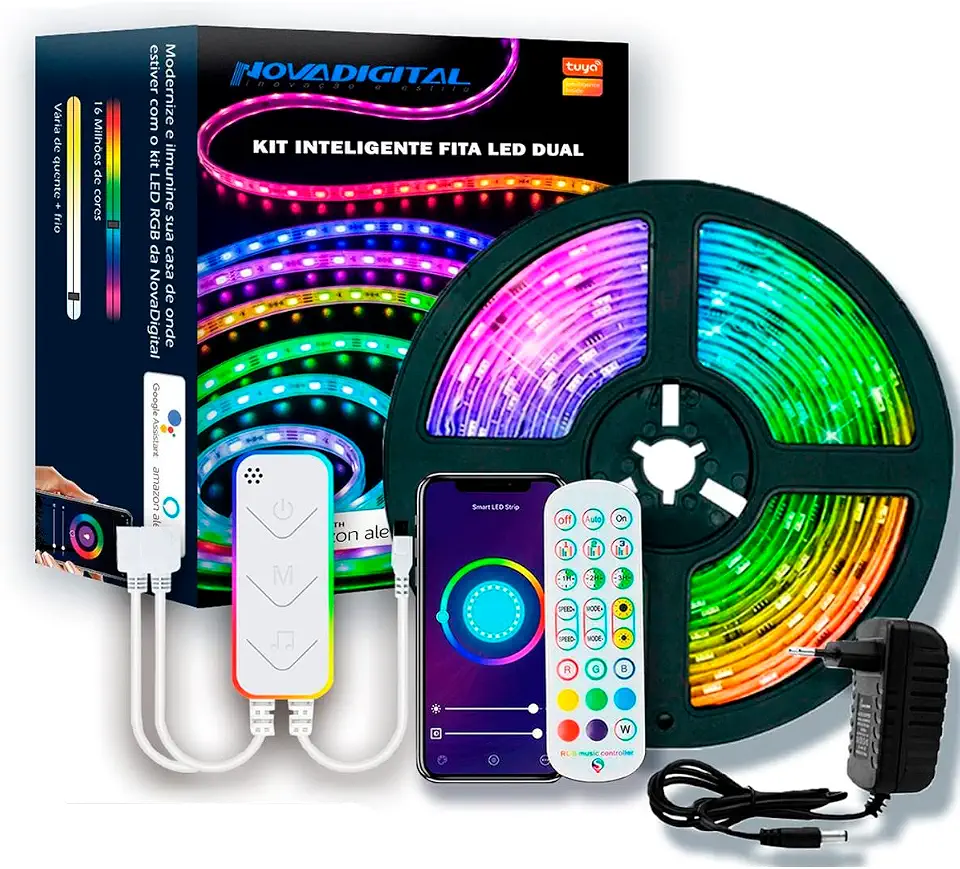 Kit Fita De Led Inteligente RGB Fita Led Com Controle 5m Dual Nova Digital 16 Milhões de Cores Função Music Compatível Alexa e Google Home