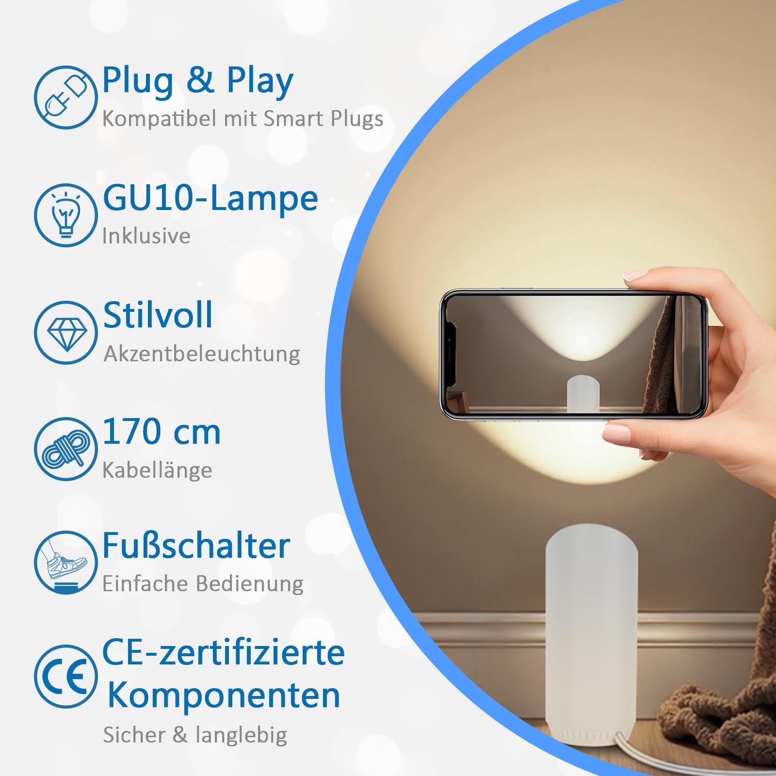 LED Bodenstrahler innen: 6W 500lm Uplight Spot Bodenlampe, 3000K | Indirekte Beleuchtung für Pflanzen, Wandbilder & dunkle Ecken; 2er-Set Weiß, GU10 austauschbar, Fußschalter