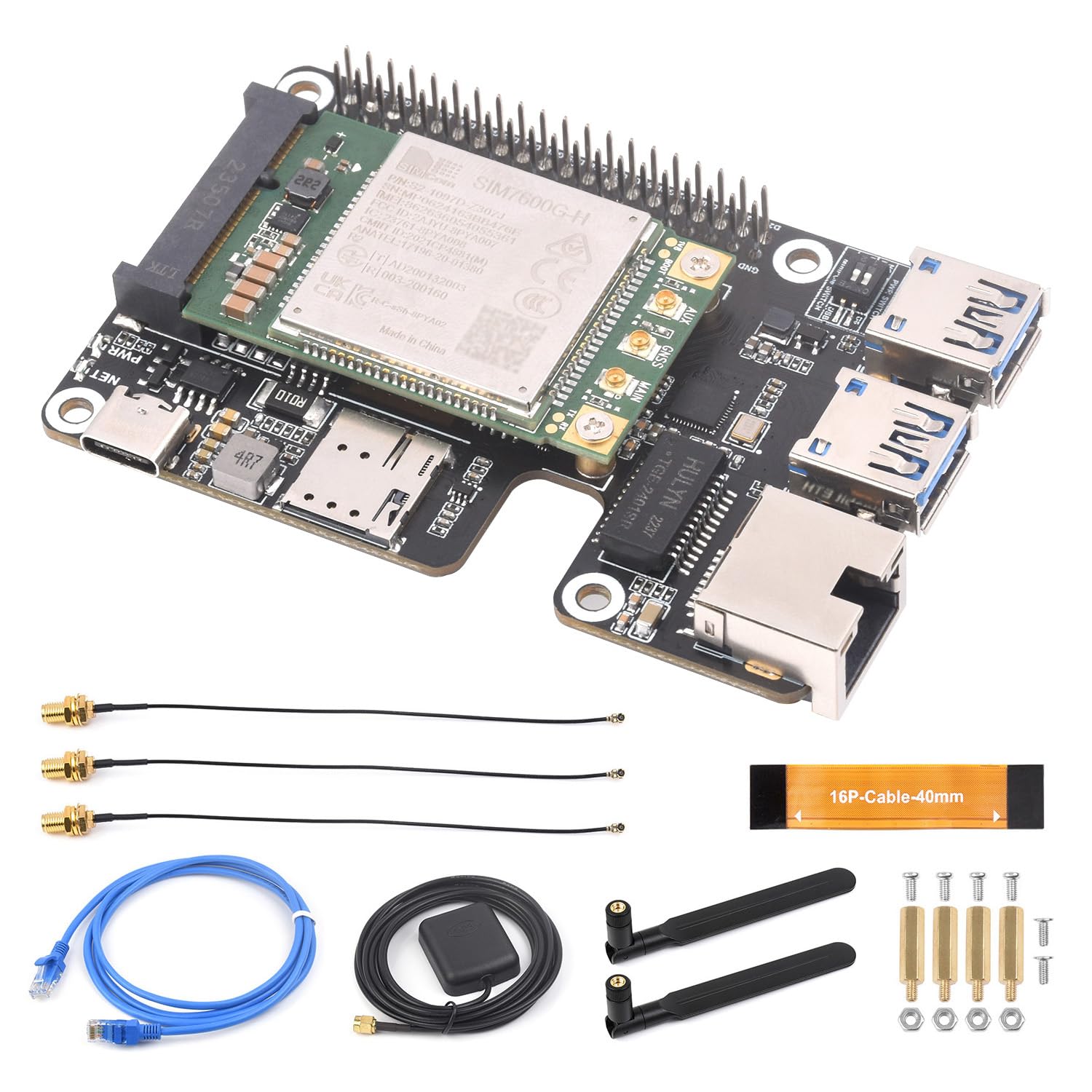 Waveshare PCIe to MiniPCIe/Gigabit Ethernet/USB 3.2 Gen1 HAT+ Compatible with Raspberry Pi 5, Supports Multiple OS and MiniPCIe interface 4G Module (with SIM7600G-H-PCIE),High-speed Networking
