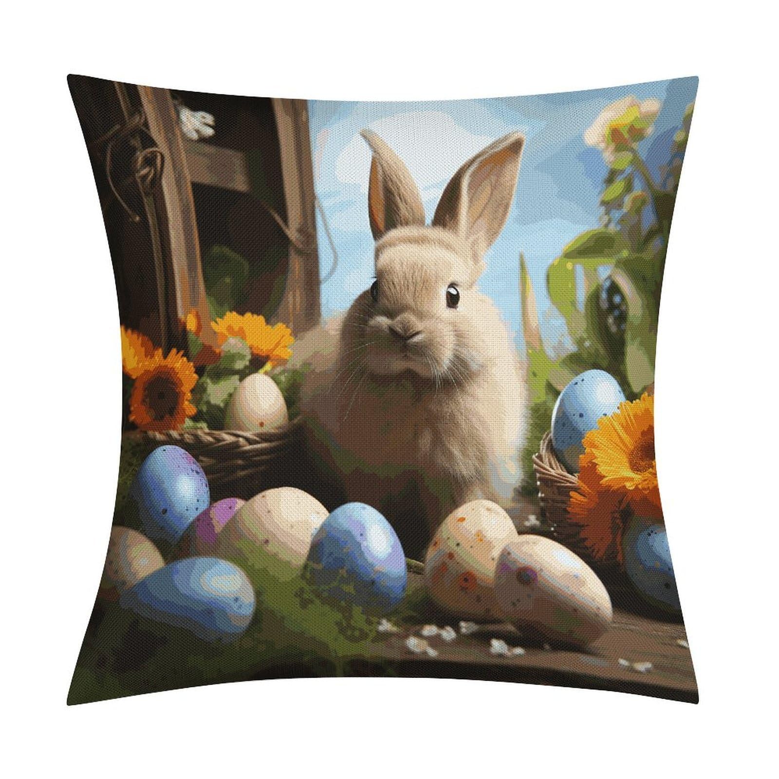 Fodpand Style Easter Rabbit And Easter Eggs Pillow Covers 18X18 Inch, Pillow Cases Boho Farmhouse, Throw Pillow Covers For Couch Sofa Bed Spring Home Decor