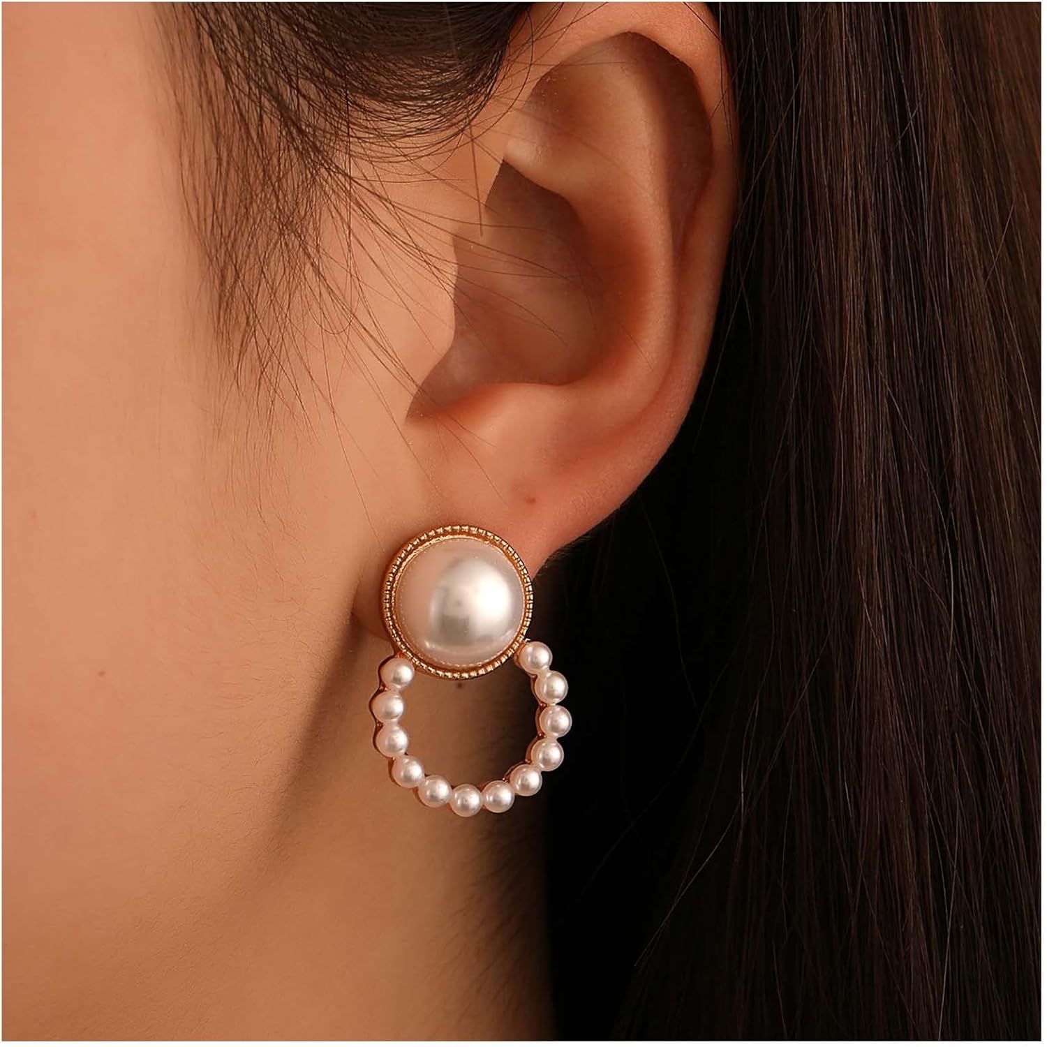 Bohemian Pearl Circle Earrings Gold Pearl Stud Earrings Round Pearl Earrings Retro Hollow Circle Earrings Jewelry for Women - Image 2