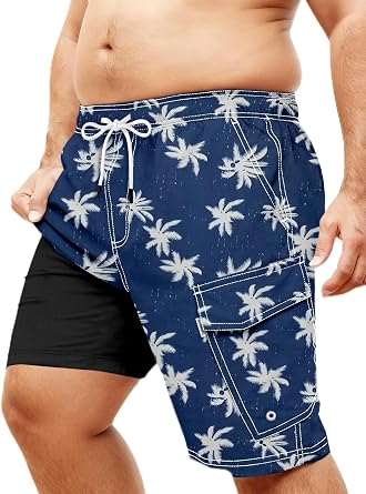 Big&Tall Swim Trunks Mens 10 Quick Dry Board Shorts with Compression Liner Hawaiian Printed Swimming Shorts