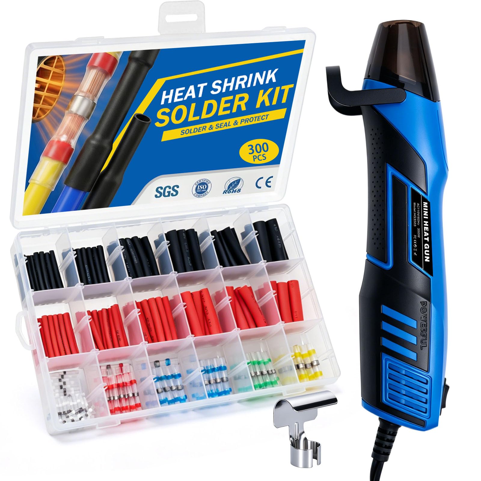 Mini kit de pistola de calor con 300 conectores de alambre termorretráctiles, conectores de alambre termorretráctiles impermeables, funda termorretráctil de 26-10 AWG para automoción, marina