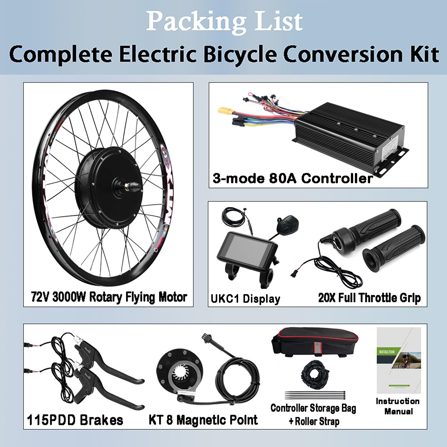 Zestaw do konwersji roweru elektrycznego 72V 3000W, Wahacze 135 mm, prędkość 55-70 km/h, zestaw do konwersji do roweru elektrycznego 3000 W z kontrolerem 80A, 3 trybami, wyświetlaczem LCD UKC1