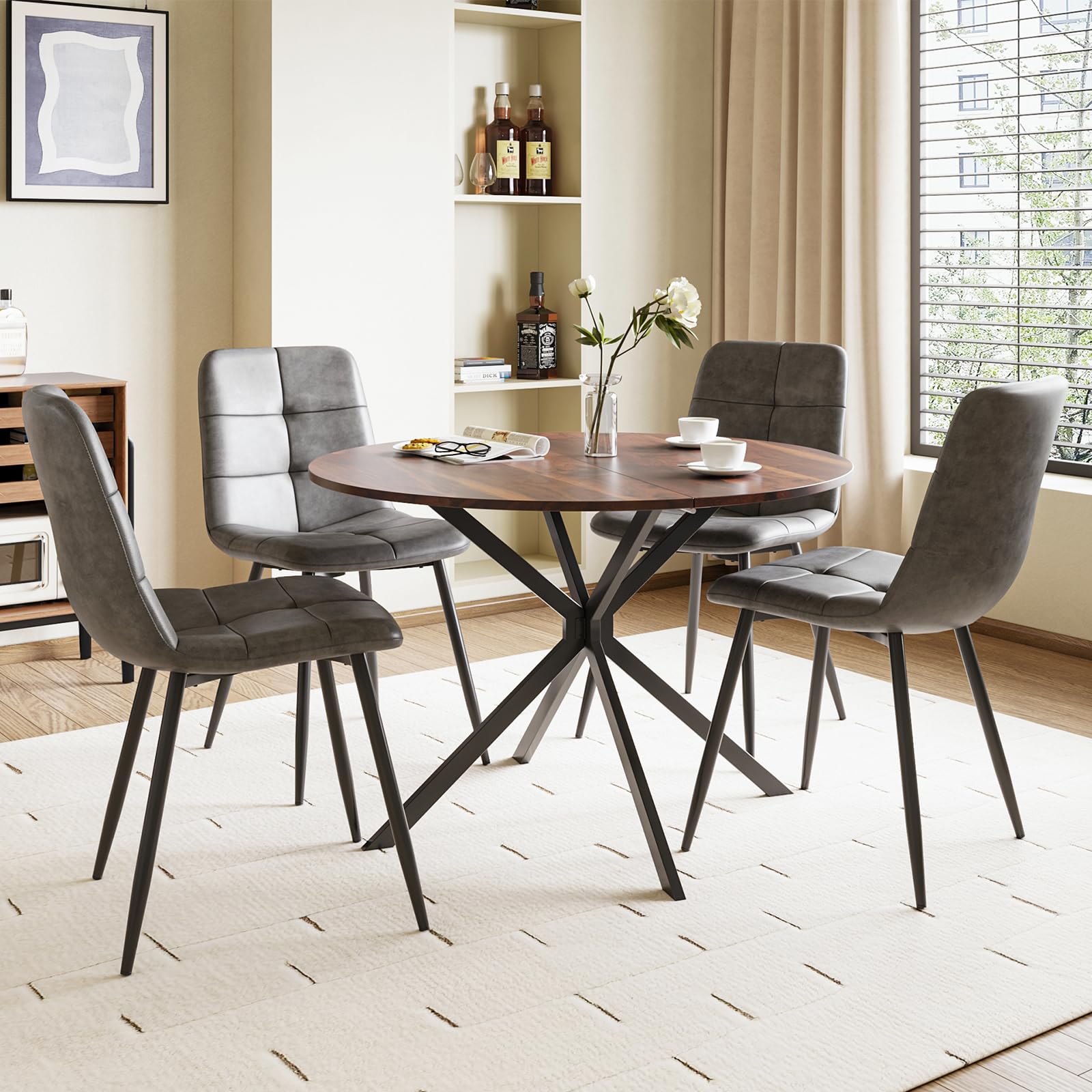 Luxstein Round Dining Table and Chairs Set 4, 100cm Dark Wood Folding Table with 4 Grey Upholstered PU Leather Chairs for Dining Room, Kitchen