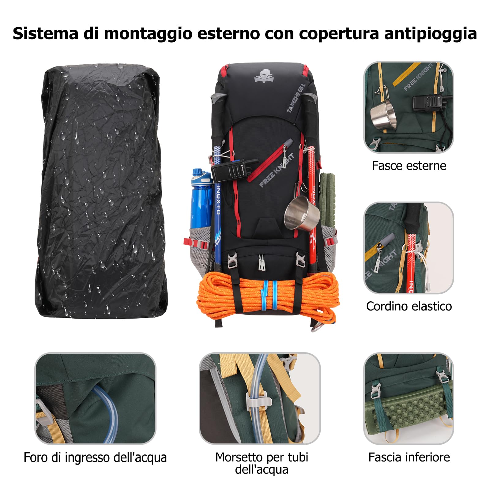 65L Zaino da Trekking Grande Outdoor Impermeabile Zaini Resistente con Copertura per la Pioggia Donna Uomo Backpack per Escursionismo Campeggio Arrampicata Viaggio Blu