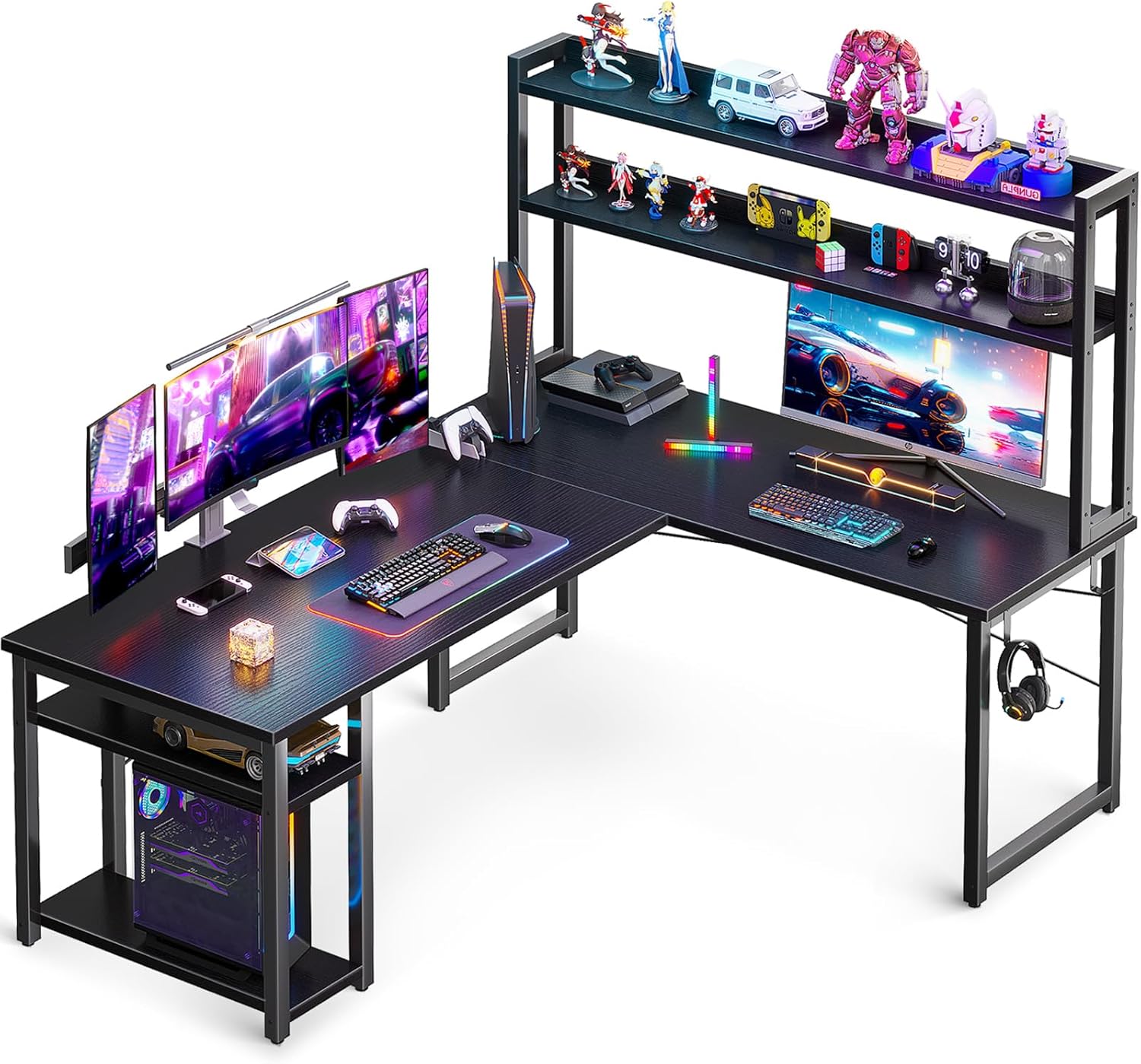 ODK L Shaped Gaming Desk with Hutch, Computer Desk with Storage Shelves, 59" L Shaped Desk for Home Office, Corner Desk with Headphone Hook, Black Black 59 Inch