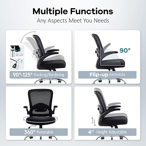 Miniatura 5 de Silla de oficina, silla de escritorio ergonómica de malla con soporte lumbar ajustable, silla de computadora con reposabrazos abatibles, sillas