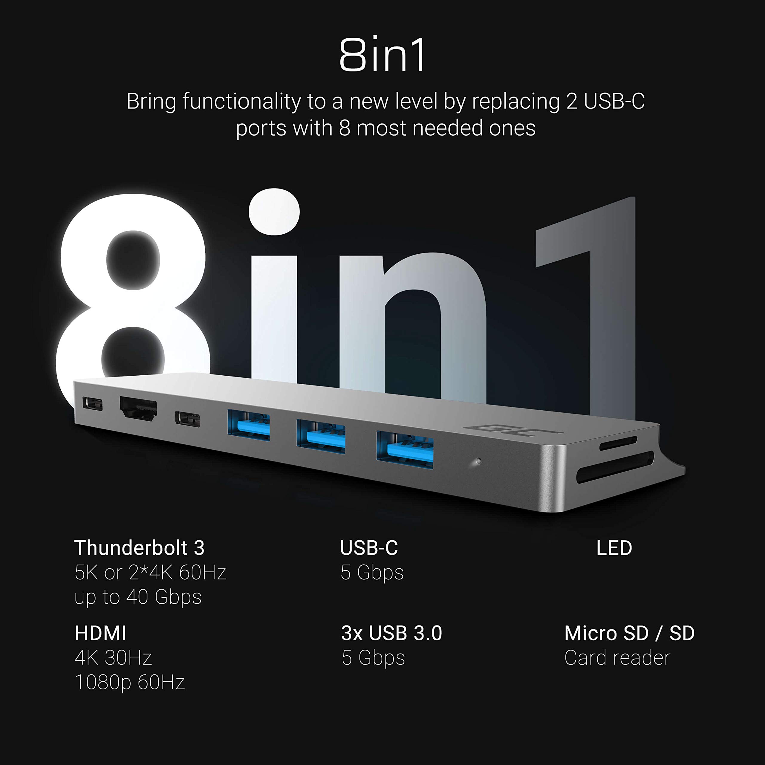Green Cell Connect60 HUB USB-C 8im1 Adapter Dockingstation(Thunderbolt 3 (4K 60Hz), USB-C, 3xUSB 3.0, HDMI, microSD, SD) Power Delivery 100W für MacBook Pro 13" / 15" (2016/2017/2018/2019), Air (2019)