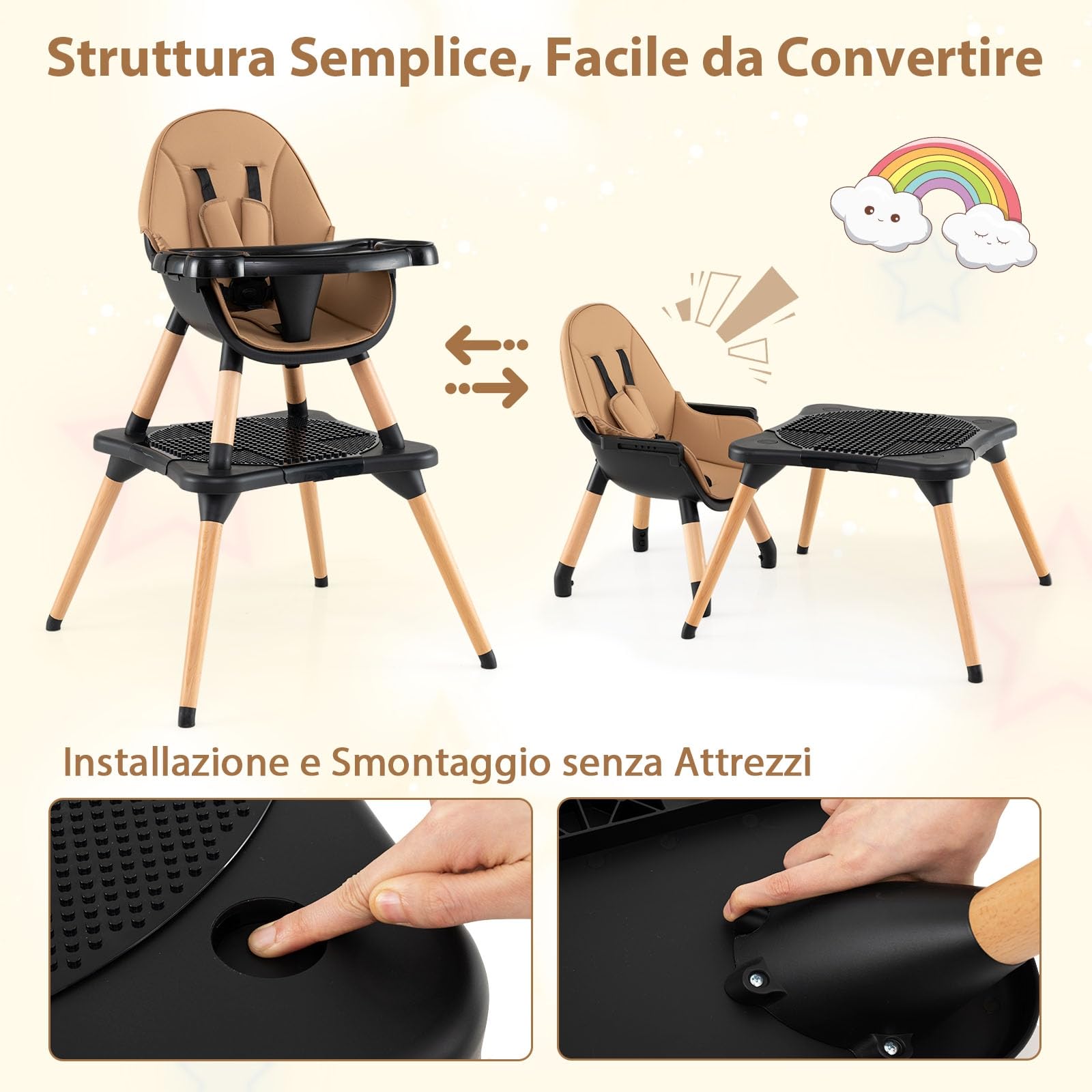 COSTWAY 6-in-1 Seggiolone per Neonati, Seggiolone Prima Pappa, Tavolo e Sedia Convertibile per Bambini, Imbracatura di Sicurezza, Vassoio Rimovibile, per Bambini 6-36 Mesi (Caffè+Nero)