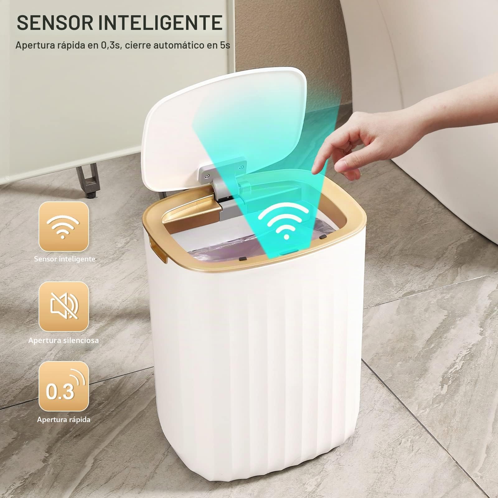 ELPHECO Cubo de basura impermeable de 13,24 litros con sensor de movimiento para dormitorio, con tapa, 3,5 galones de líquido, cubo de basura automático sin contacto para baño, sala de estar, oficina,