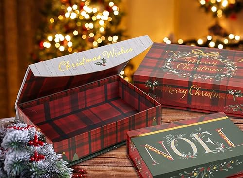 Miniatura 5 de Cajas de regalo de Navidad con tapas para regalos, juego grande de 4 cajas de regalo a granel rojo y marrón en varios diseños con lazos, decoración